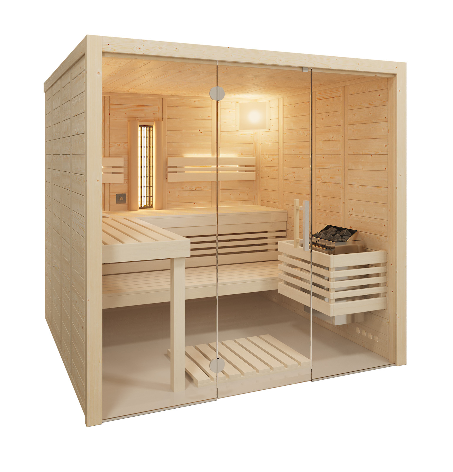 Infraworld Solido Glas Complete Massivholzsauna mit Infrarotstrahler 210x167x202cm