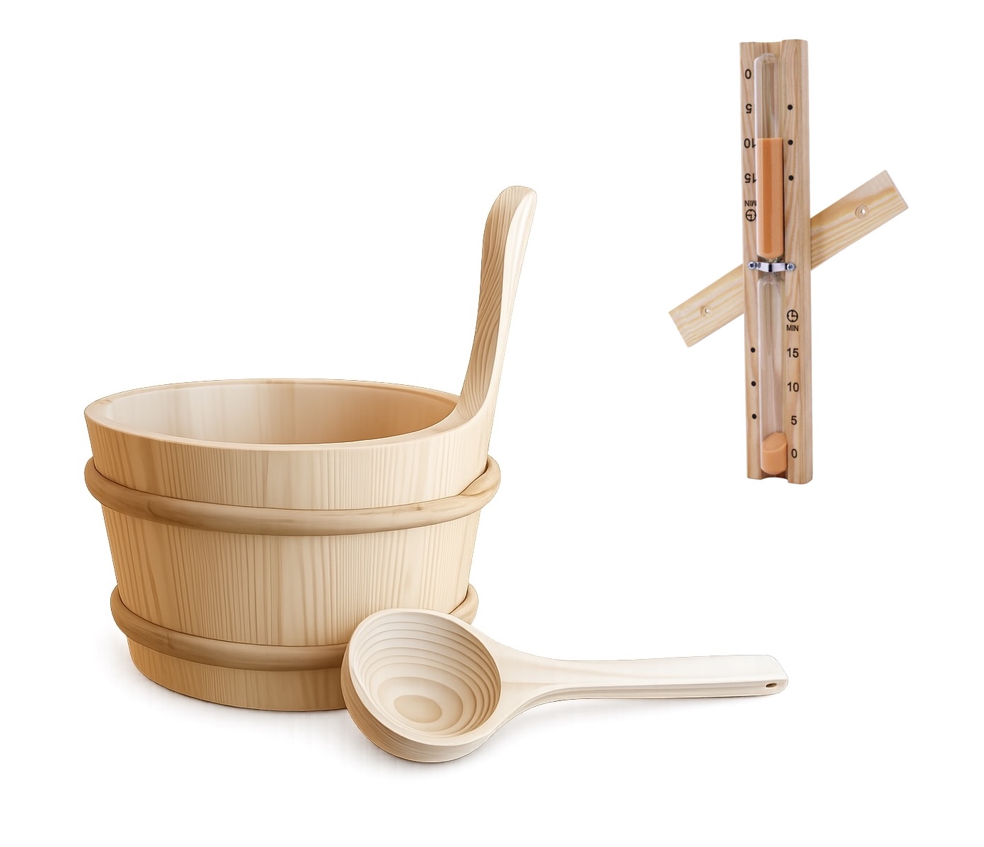 Harvia Sauna-Set Basic Aufgusseimer mit Saunakelle und Sanduhr aus Holz