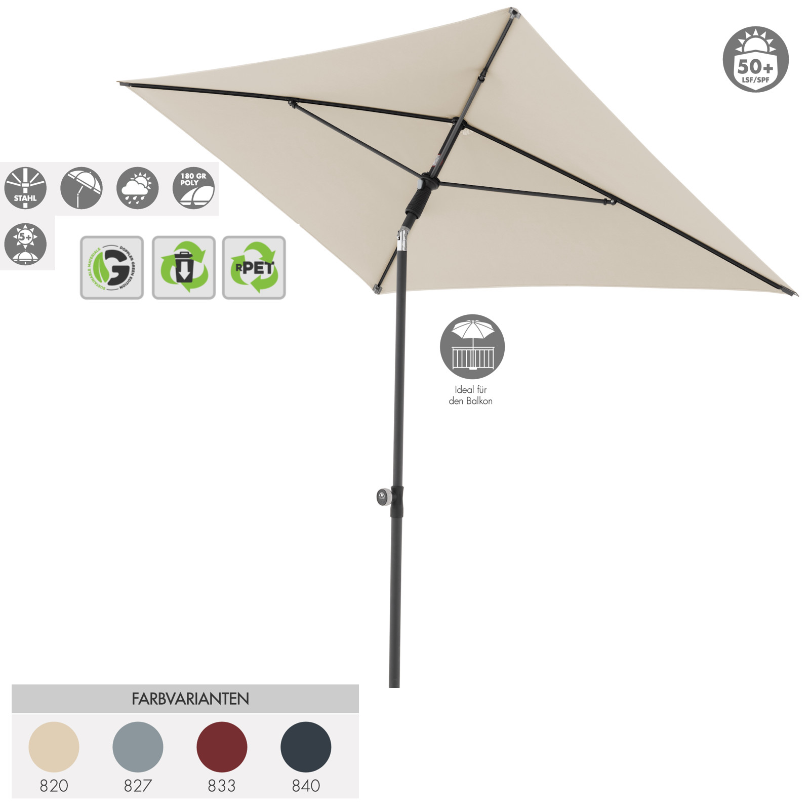 Doppler ACTIVE Green Edition 200 x 120 cm Sonnenschirm in 4 Farbvarianten Mittelmastschirm Balkonschirm