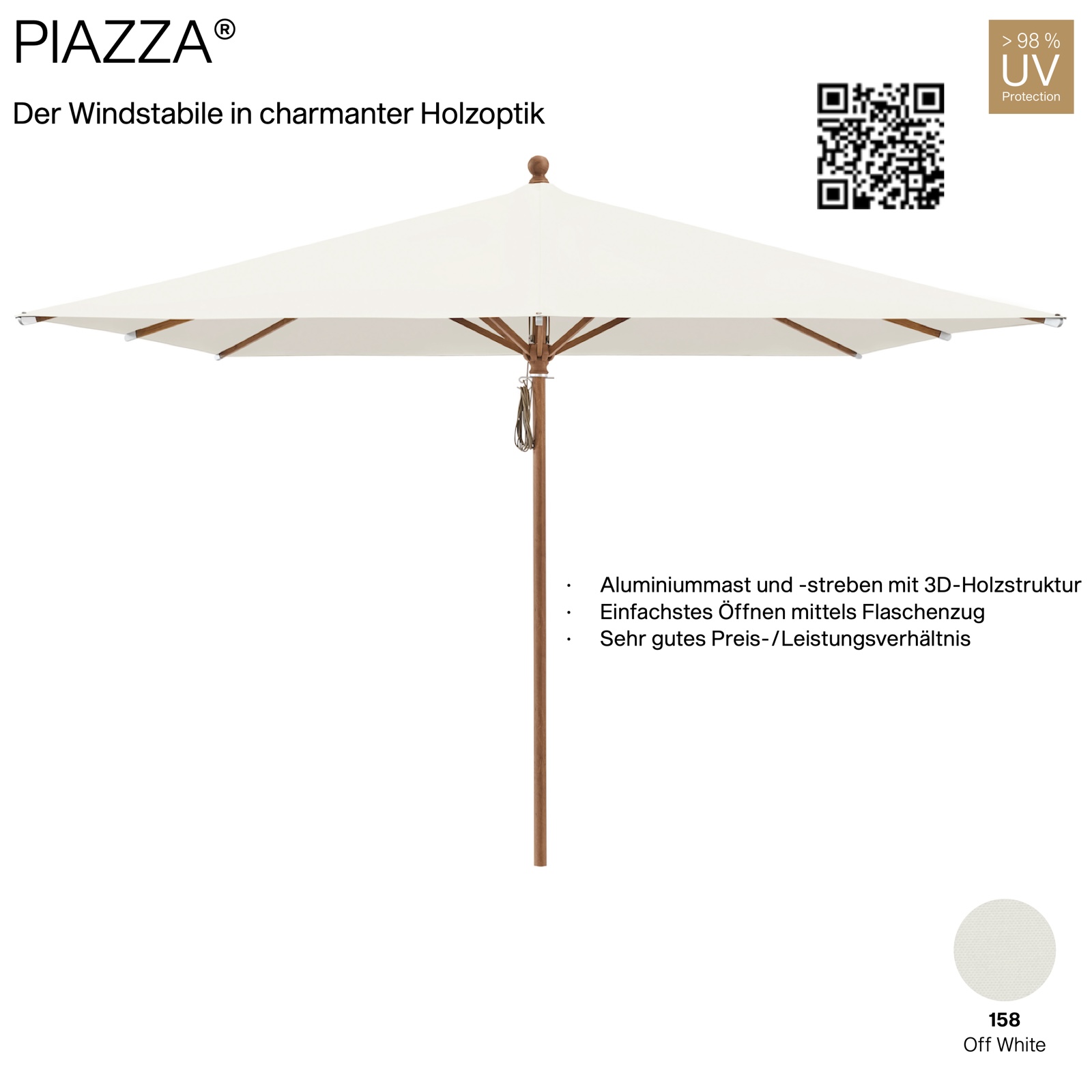 GLATZ Sonnenschirm PIAZZA quadratisch 250 x 250 cm Mittelmastschirm Stoffqualität 2 Farbe 158 Off White