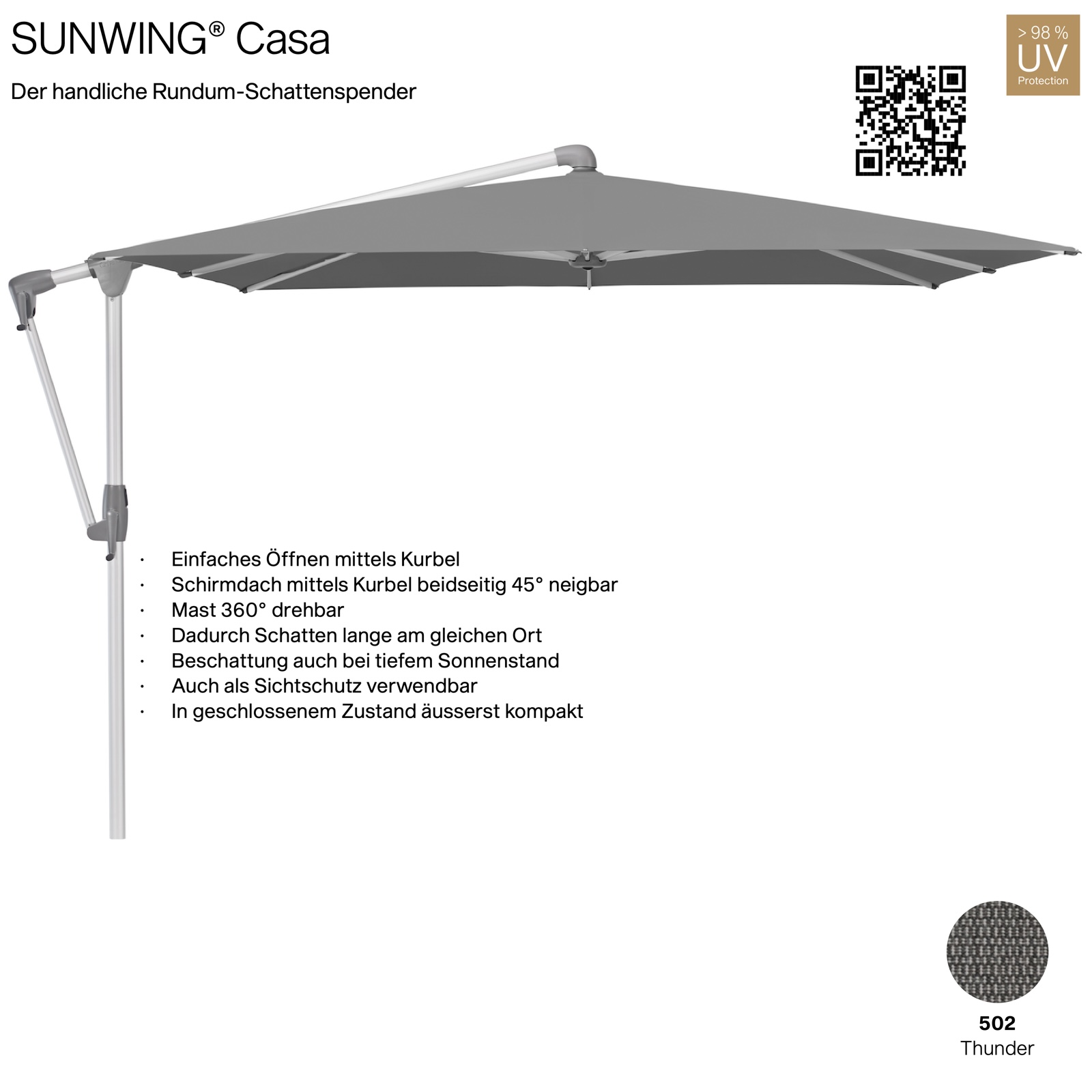 GLATZ Sonnenschirm SUNWING® CASA quadratisch 270 x 270 cm Gestell natureloxiert Farbe 502 Thunder Ampelschirm