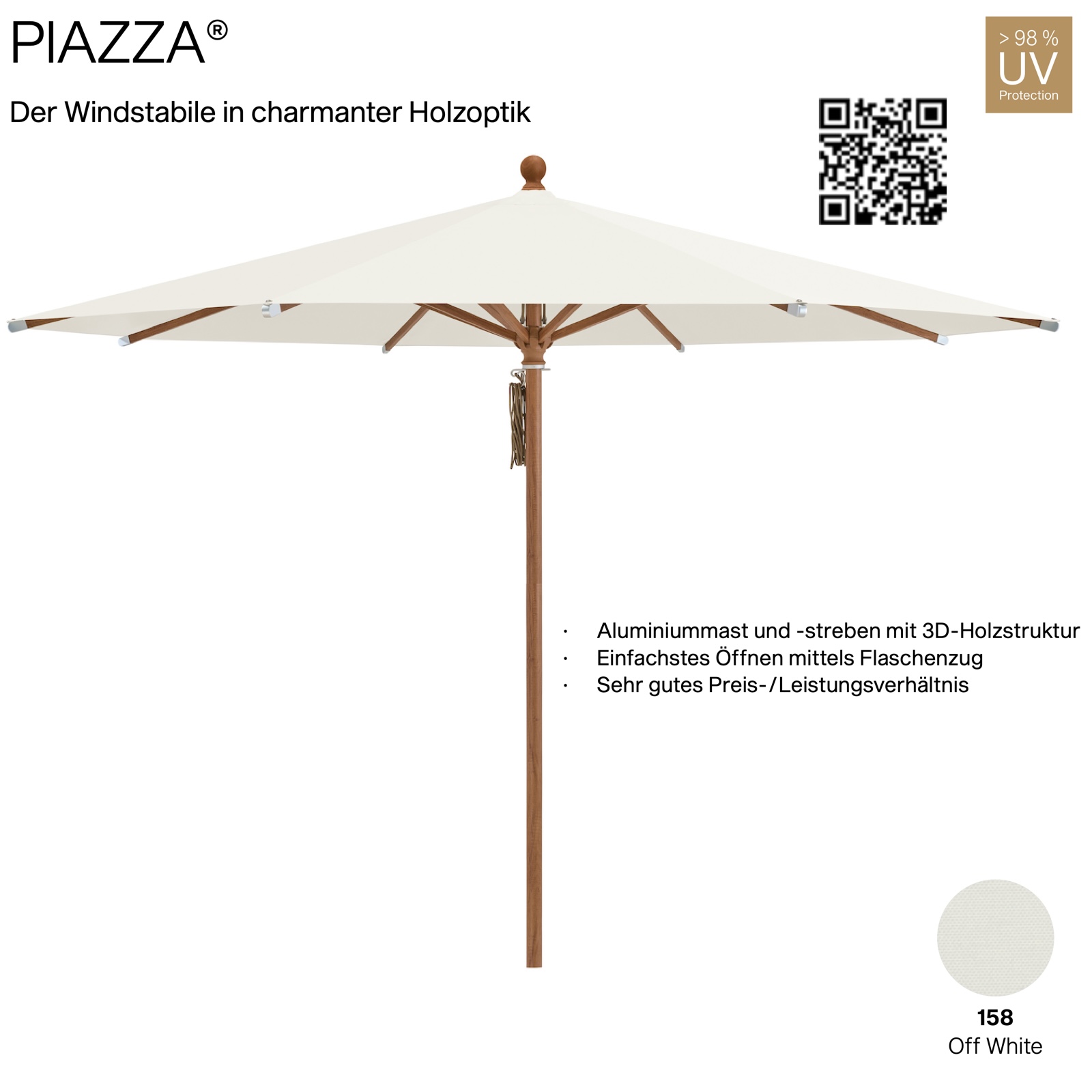 GLATZ Sonnenschirm PIAZZA rund 300 cm Mittelmastschirm Stoffqualität 2 Farbe 158 Off White
