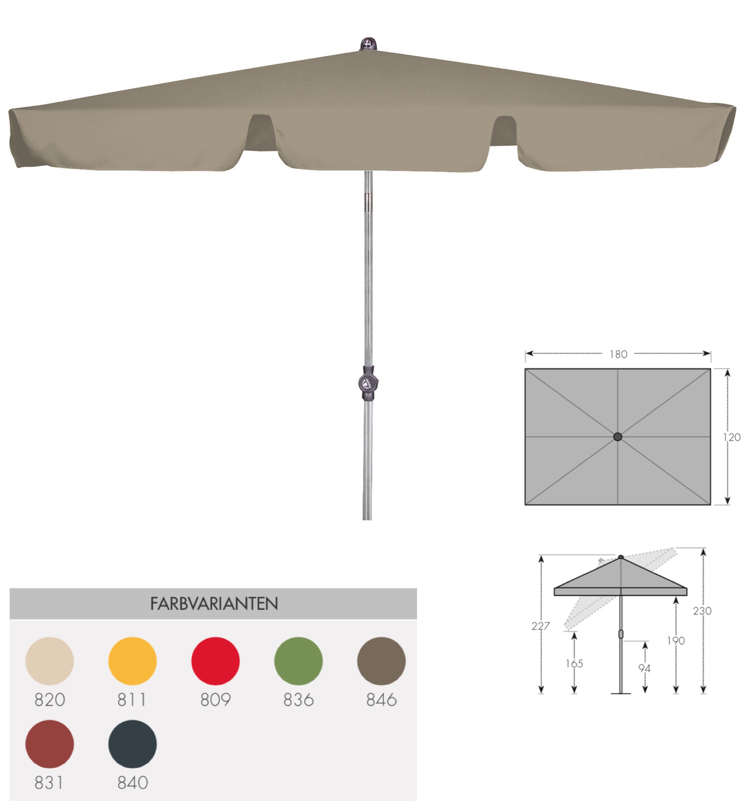 Doppler ACTIVE Sonnenschirm 180 x 120 cm in 7 Farbvarianten Mittelmastschirm Balkonschirm