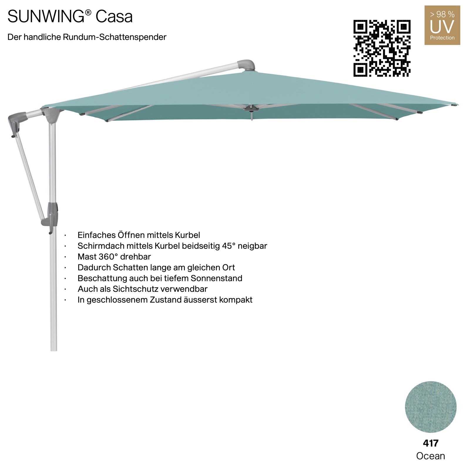GLATZ Sonnenschirm SUNWING® CASA rechteckig 300 x 240 cm Gestell natureloxiert Farbe 417 Ocean Ampelschirm