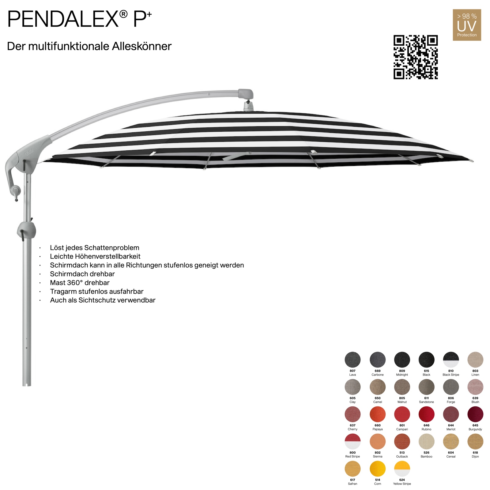 GLATZ Sonnenschirm PENDALEX® P+ rund ø 325 cm Stoffklasse 5 in 27 Farben wählbar Seitenmast