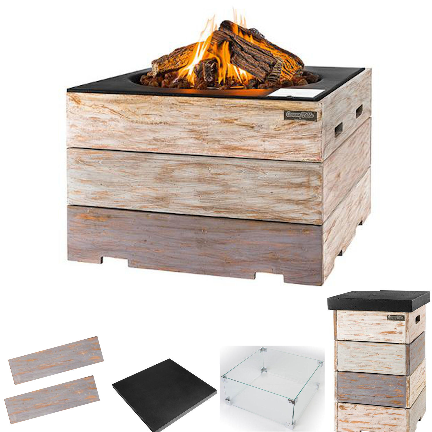 Happy Cocooning Mania Feuertisch Komplettset 19,5 kW quadratisch groß 76x76x46 cm Teakholz Nice&Nasty/schwarz