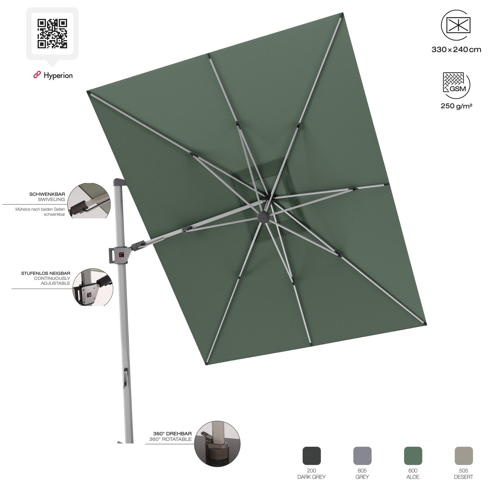 KNIRPS Hyperion Ampelschirm 330 x 240 cm Sonnenschirm Pendelschirm 4 Farbvarianten