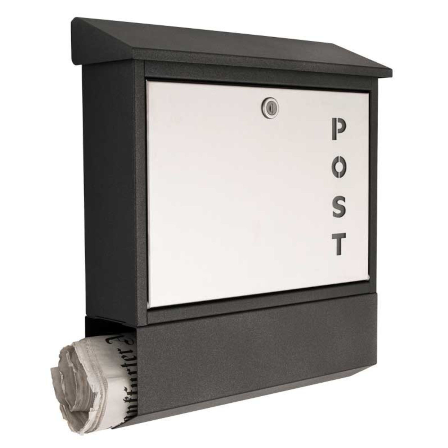 Heibi Briefkasten POST mit Zeitungsfach Stahlblech graphitgrau/Edelstahl 40x12x45 cm DIN C4 quer