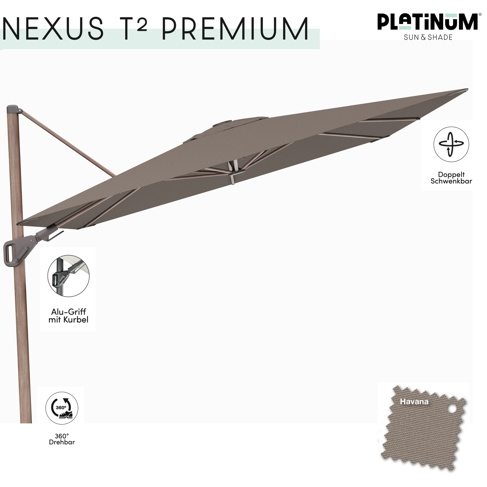 Platinum Nexus T² Premium Ampelschirm quadratisch 300 x 300 cm Freiarmschirm Havana