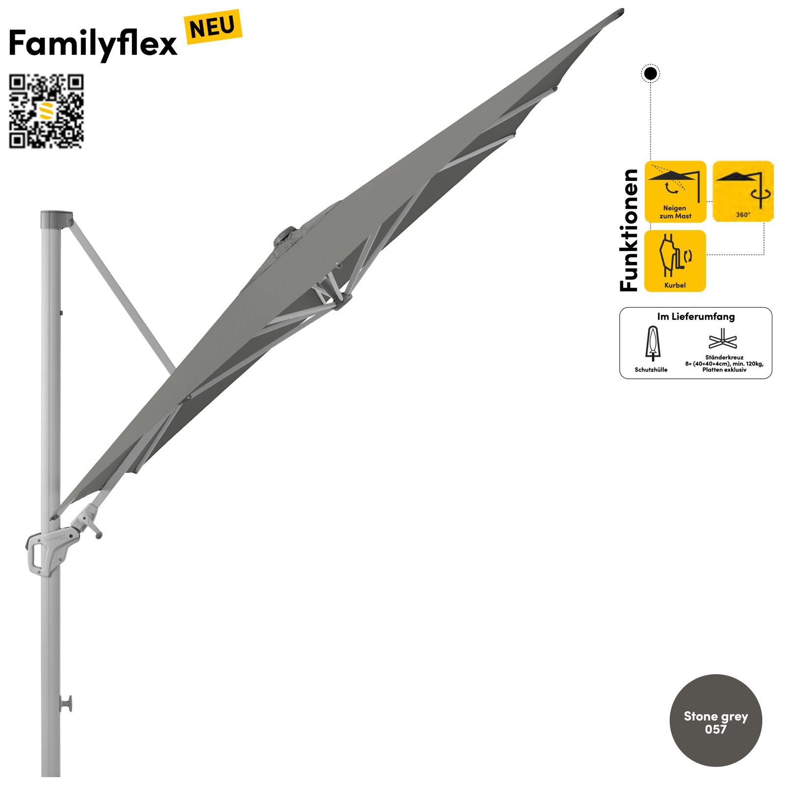 Sonnenschirm SUNCOMFORT® by Glatz Familyflex quadratisch 250 x 250 cm Seitenmastschirm Stone Grey 057