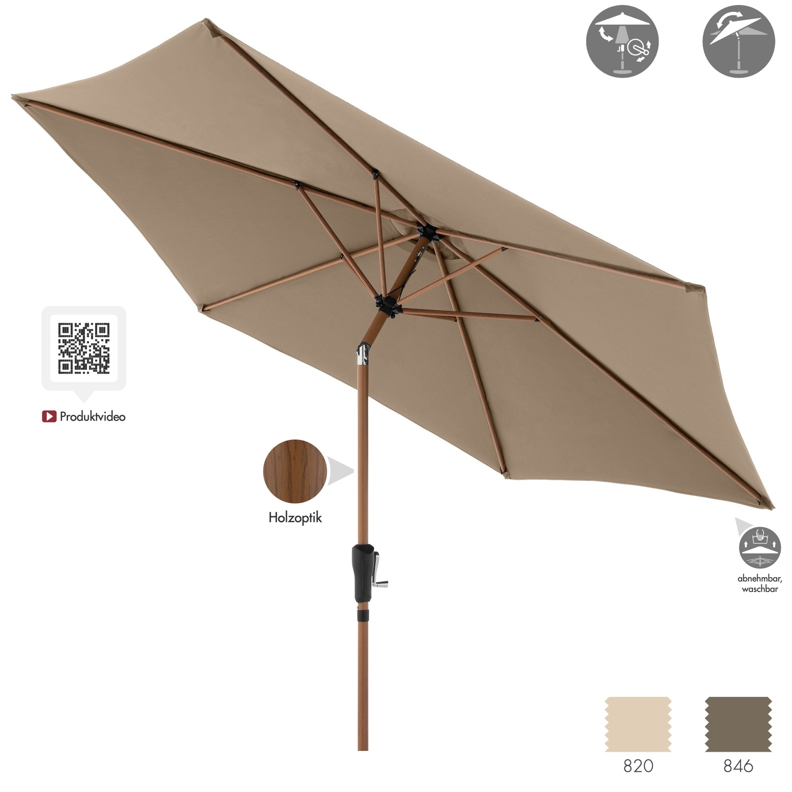 Doppler LIFE Lift ø 305 cm rund Woodstyle Mittelmastschirm Holz Sonnenschirm in 2 Farben