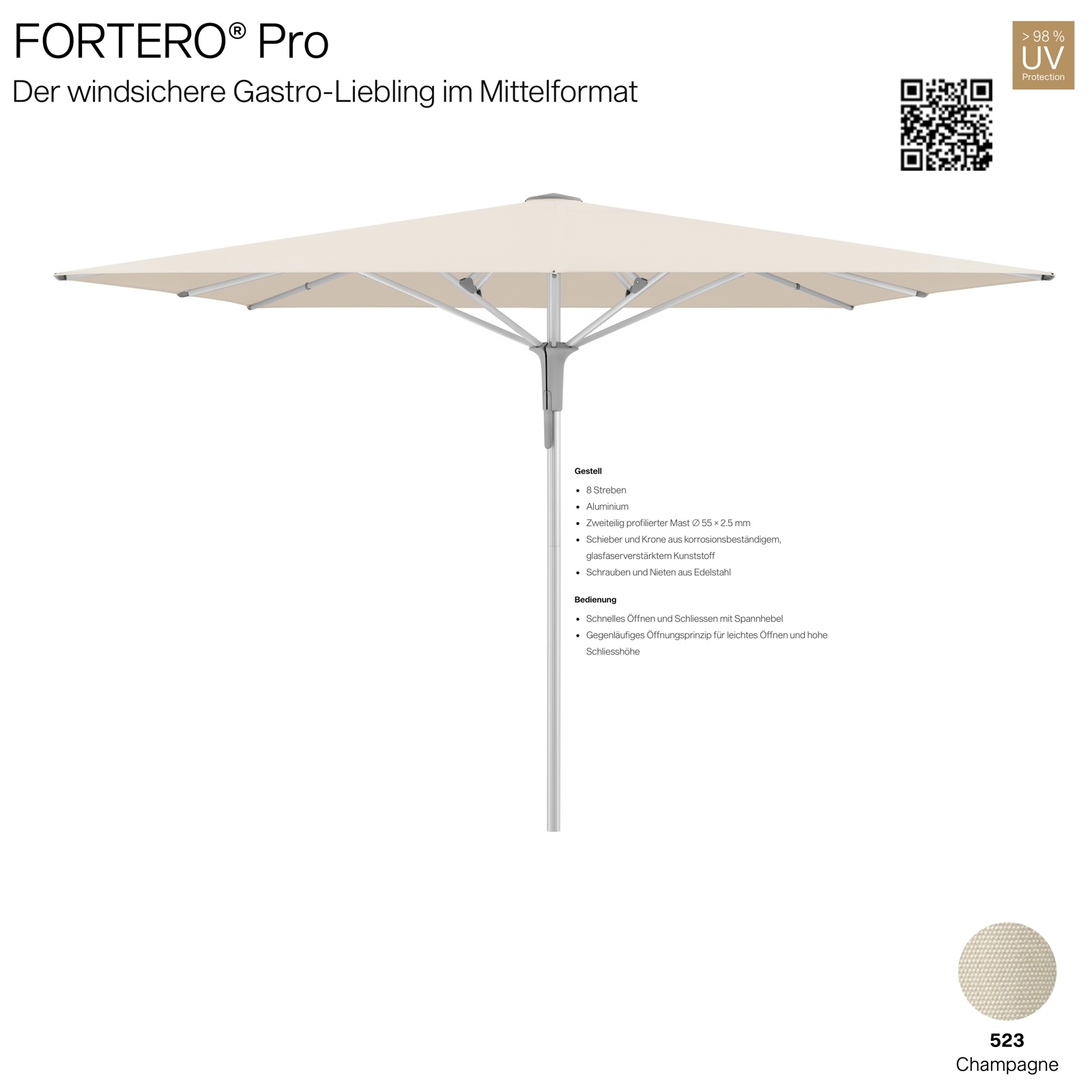 GLATZ Sonnenschirm FORTERO® Pro rechteckig 300 x 200 cm Farbe 523 Champagne 100 % Polyacryl Mittelstock