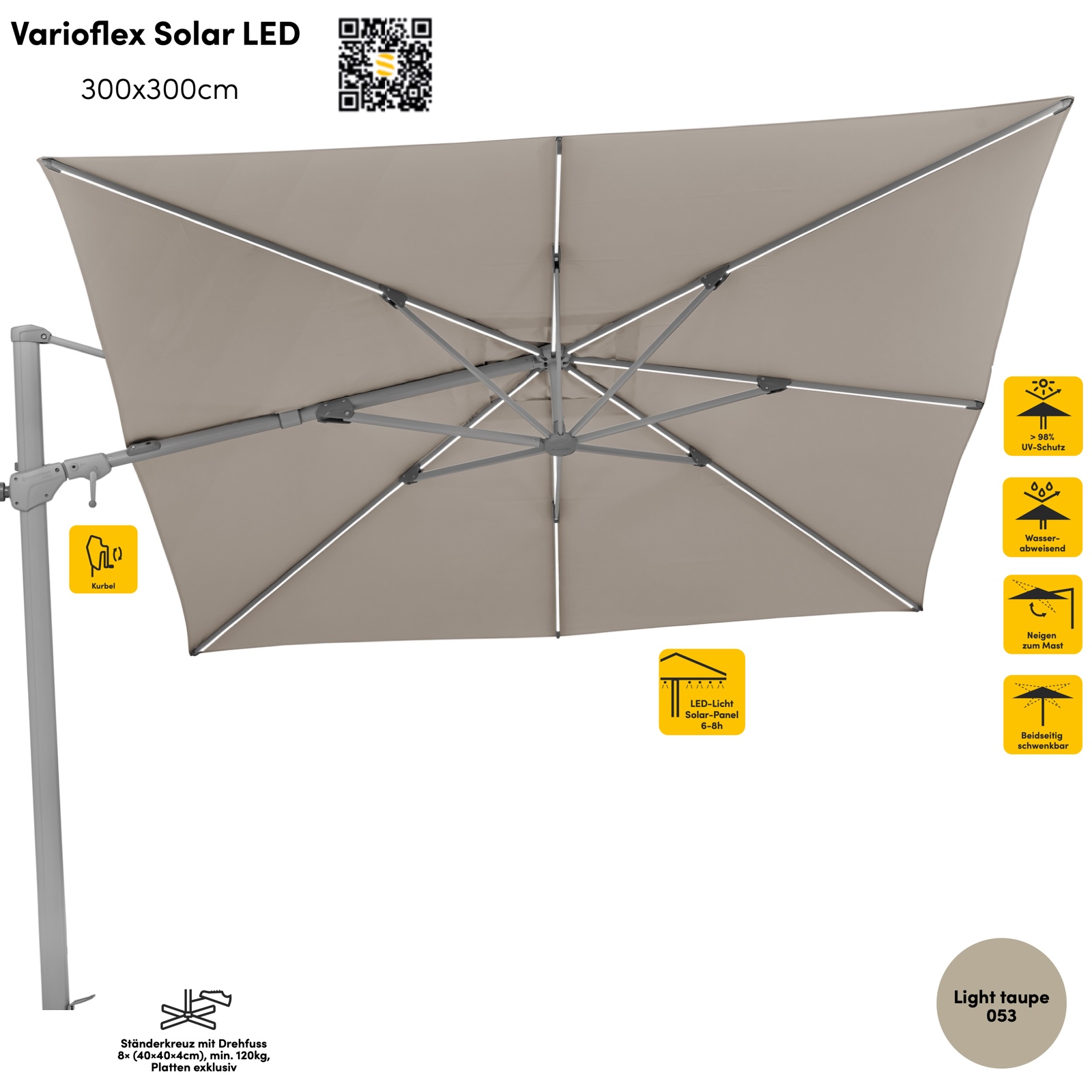 Sonnenschirm SUNCOMFORT® by Glatz Varioflex Solar LED 300 x 300 cm Farbe Light Taupe 053