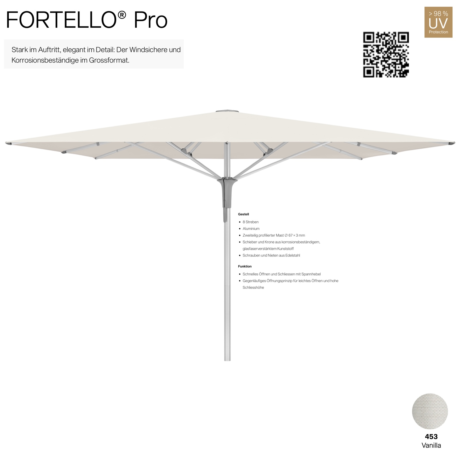 GLATZ Sonnenschirm FORTELLO® Pro quadratisch 400 x 400 cm Farbe 453 Vanilla Mittelmastschirm