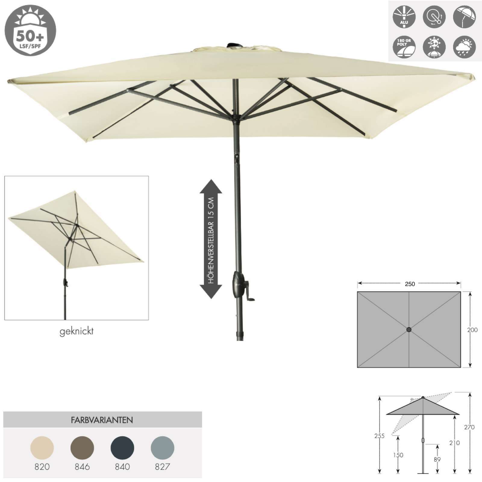 Doppler Basic Lift Neo 250 x 200 cm Sonnenschirm 4 Farben Mittelmastschirm 485444