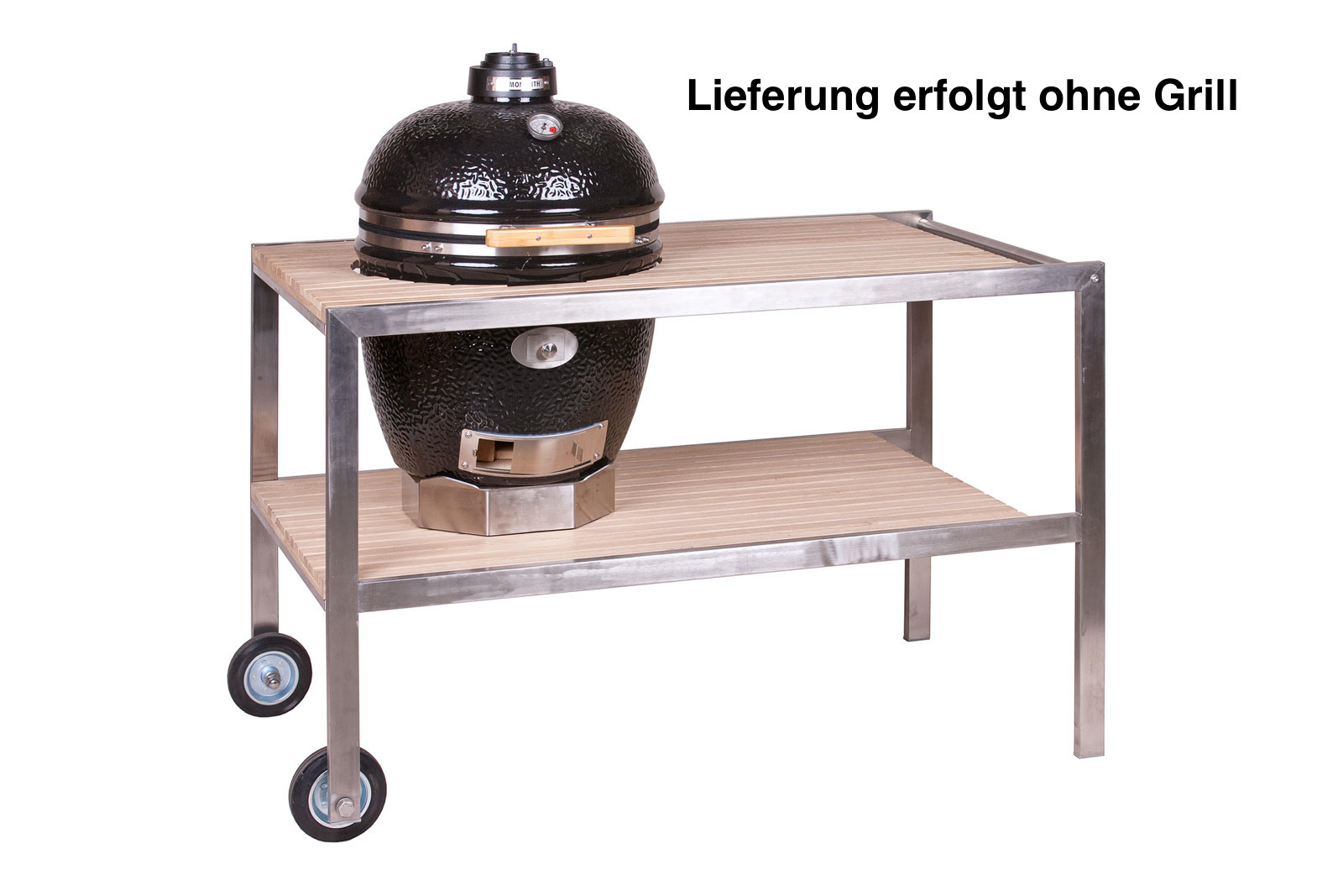 Monolith Tisch aus Edelstahl & Teak .55 (CLASSIC) fahrbar inklusive Rollen 201003-C
