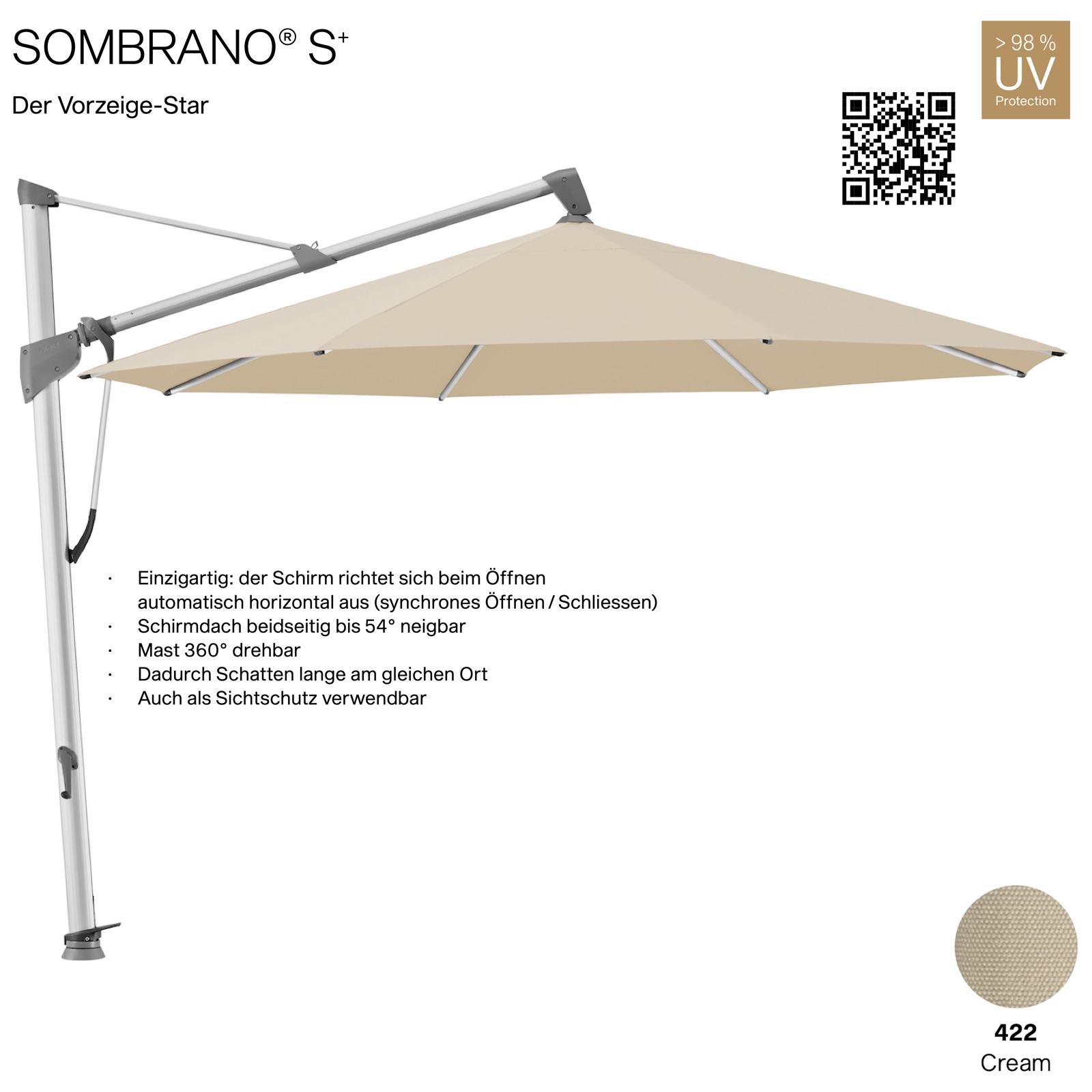 GLATZ Ampelschirm SOMBRANO® S+ rund ø 350 cm Freiarmschirm Farbe 422 Cream
