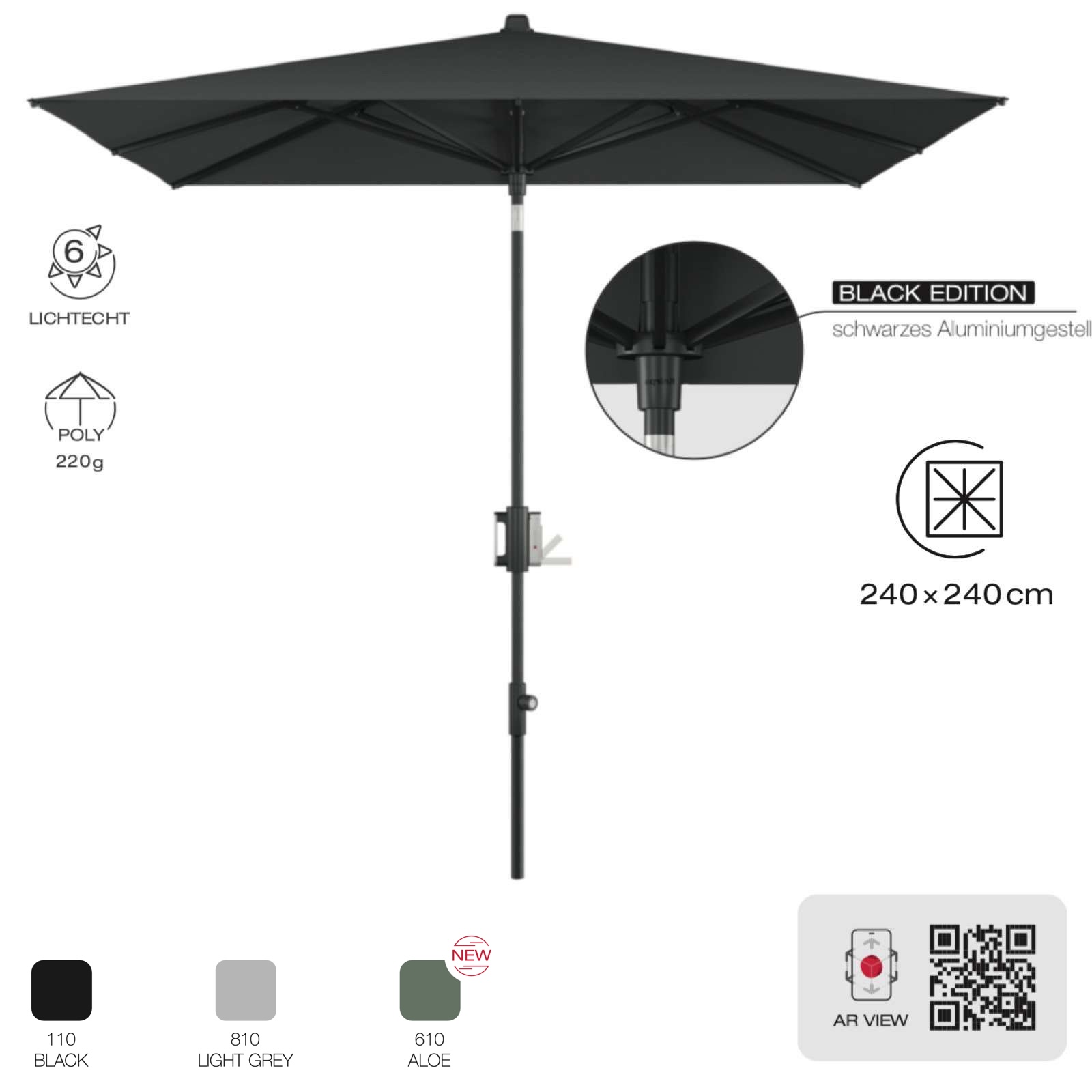 KNIRPS APOLL 240 x 240 cm quadratisch Black Edition Balkonschirm 3 Farben Sonnenschirm