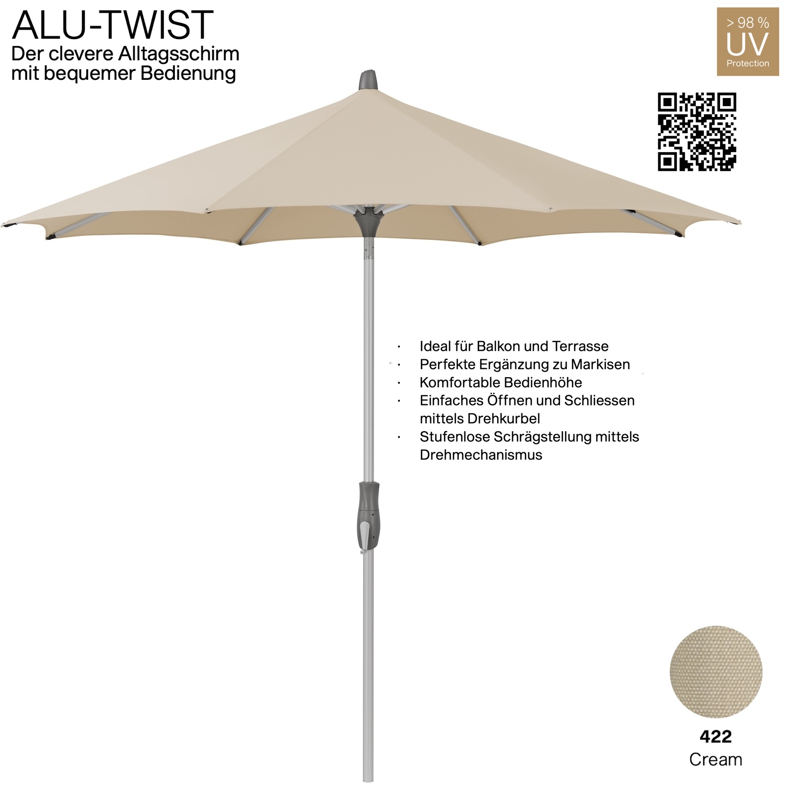 GLATZ Sonnenschirm ALU-TWIST rund ø 330 cm Stoffqualität 4 Farbe 422 Cream Mittelstock