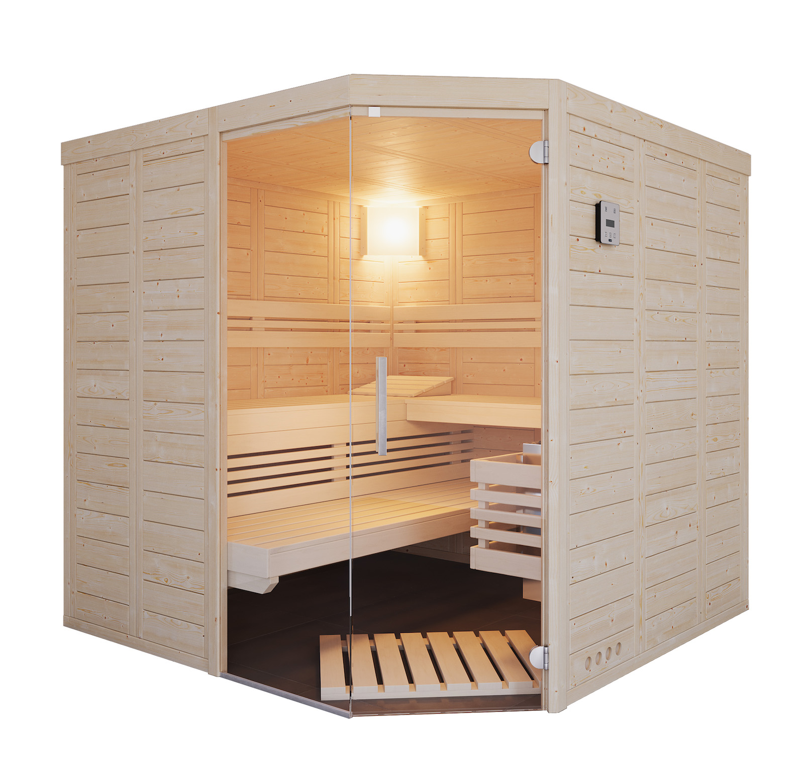 Infraworld Solido 210 Ecke Sauna 210x210x200 cm Massivholzsauna aus nordische Fichte
