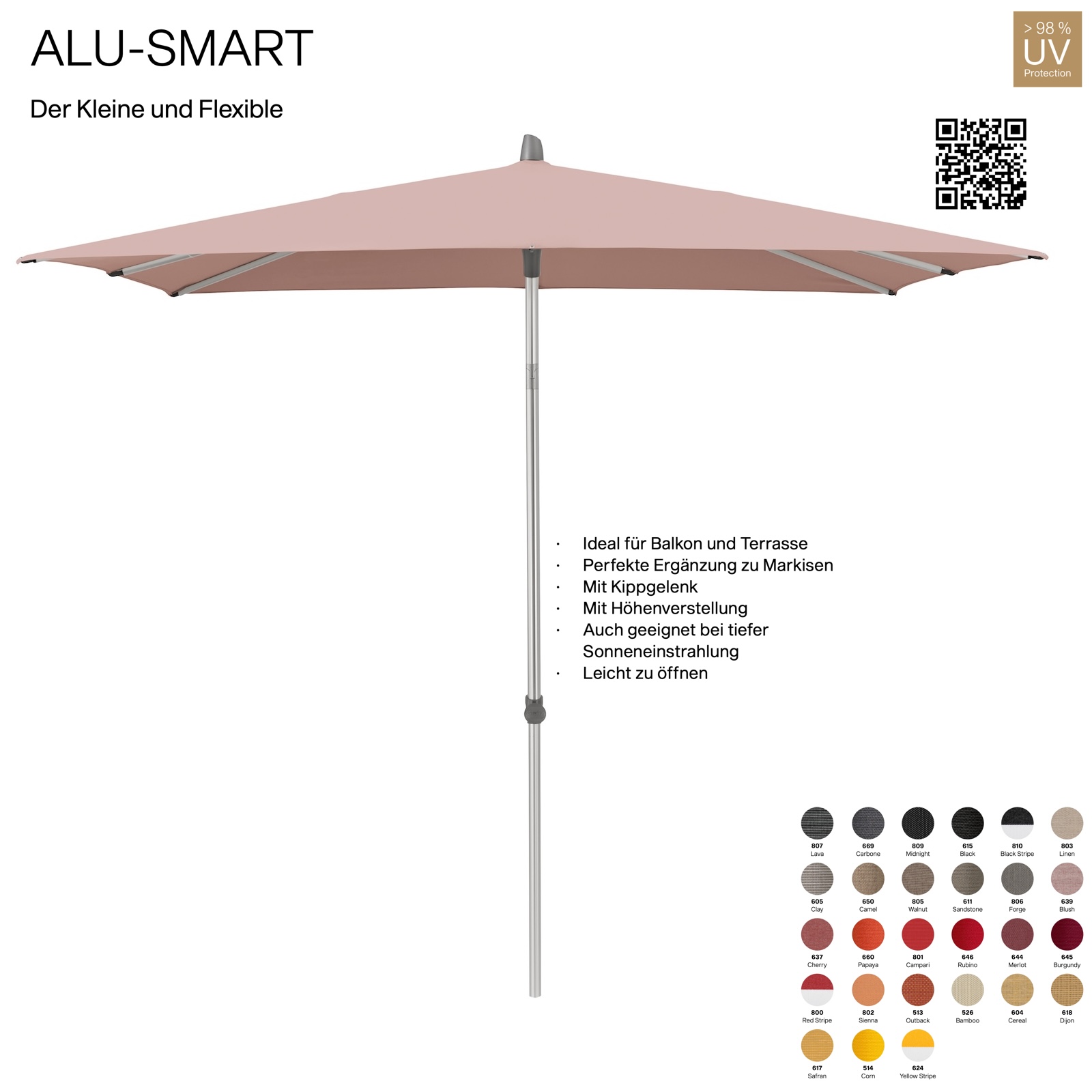 GLATZ Sonnenschirm ALU-SMART 250 x 200 cm Gestell natureloxiert Stoff 100 % Polyacryl verschiedene Farben