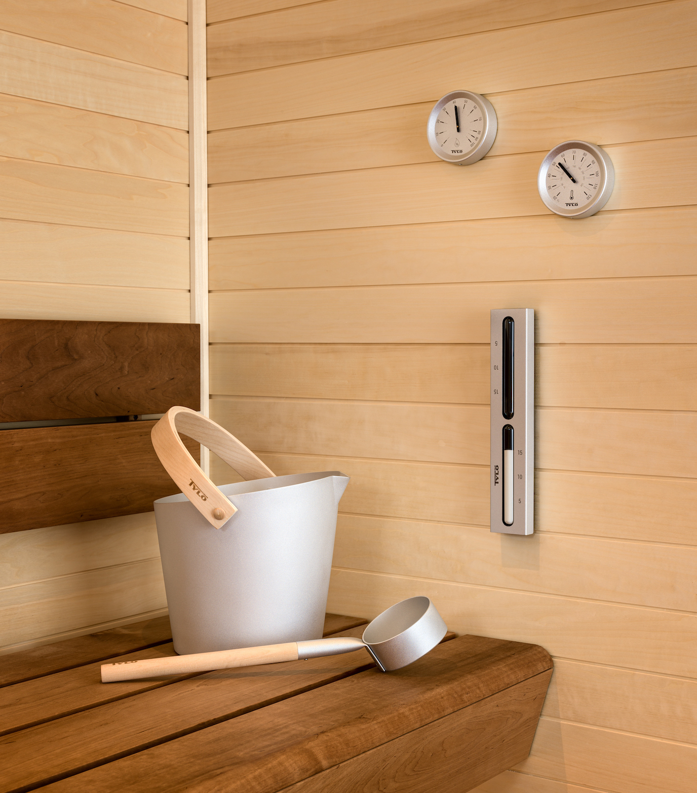 Tylö Saunazubehör Set Brilliant Silver Saunakübel Saunakelle Thermometer Hygrometer Sanduhr