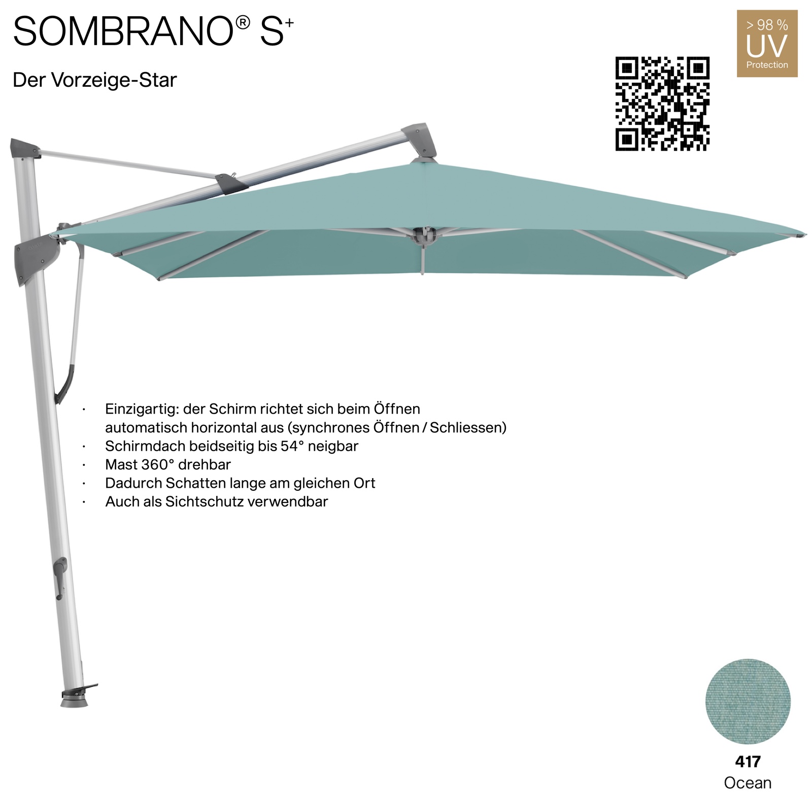GLATZ Ampelschirm SOMBRANO® S+ quadratisch 350 x 350 cm Freiarmschirm Farbe 417 Ocean