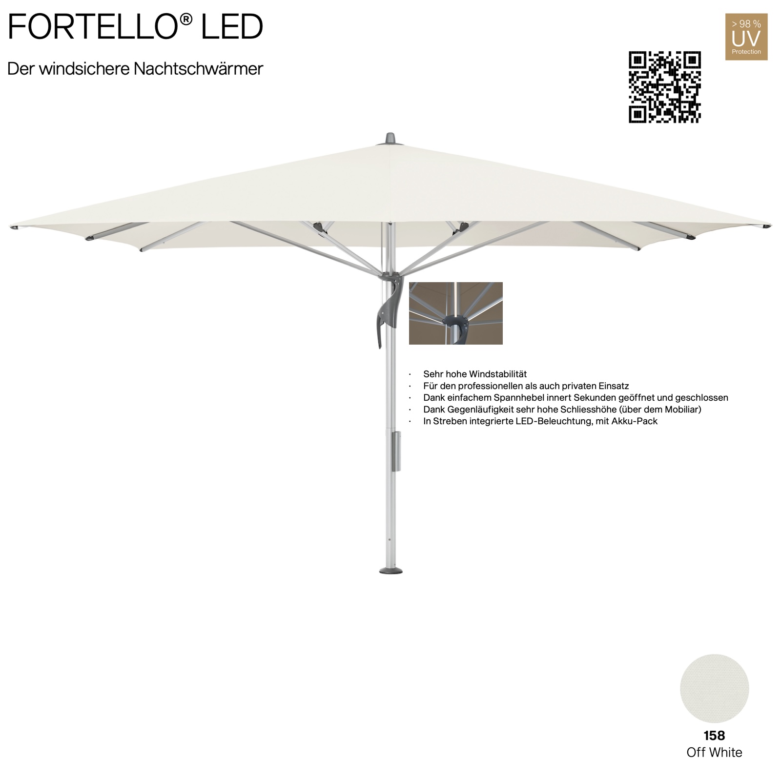 GLATZ Sonnenschirm FORTELLO® quadratisch 350 x 350 cm Farbe 158 Off White Mittelmastschirm inkl. Akku-Pack