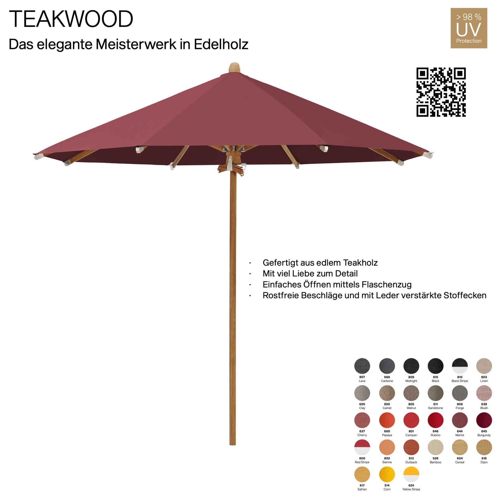 GLATZ Sonnenschirm TEAKWOOD rund 350 cm Mittelmastschirm 27 Farbvarianten