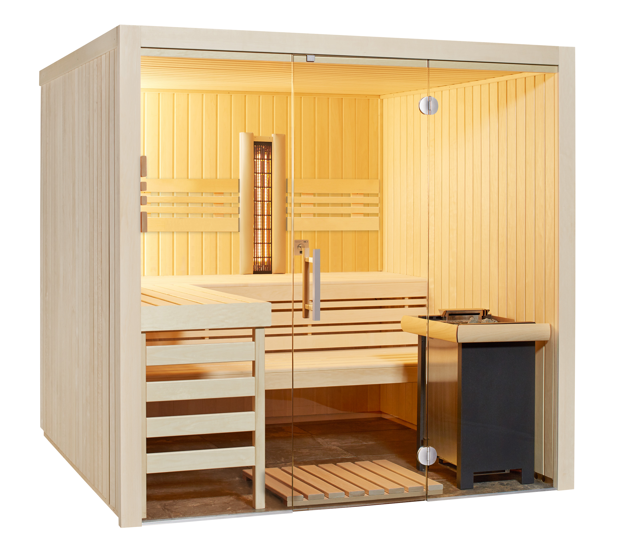 Infraworld Sauna Panorama Complete Espe 210x210x203cm mit ABC-Strahler Multifunktionssauna
