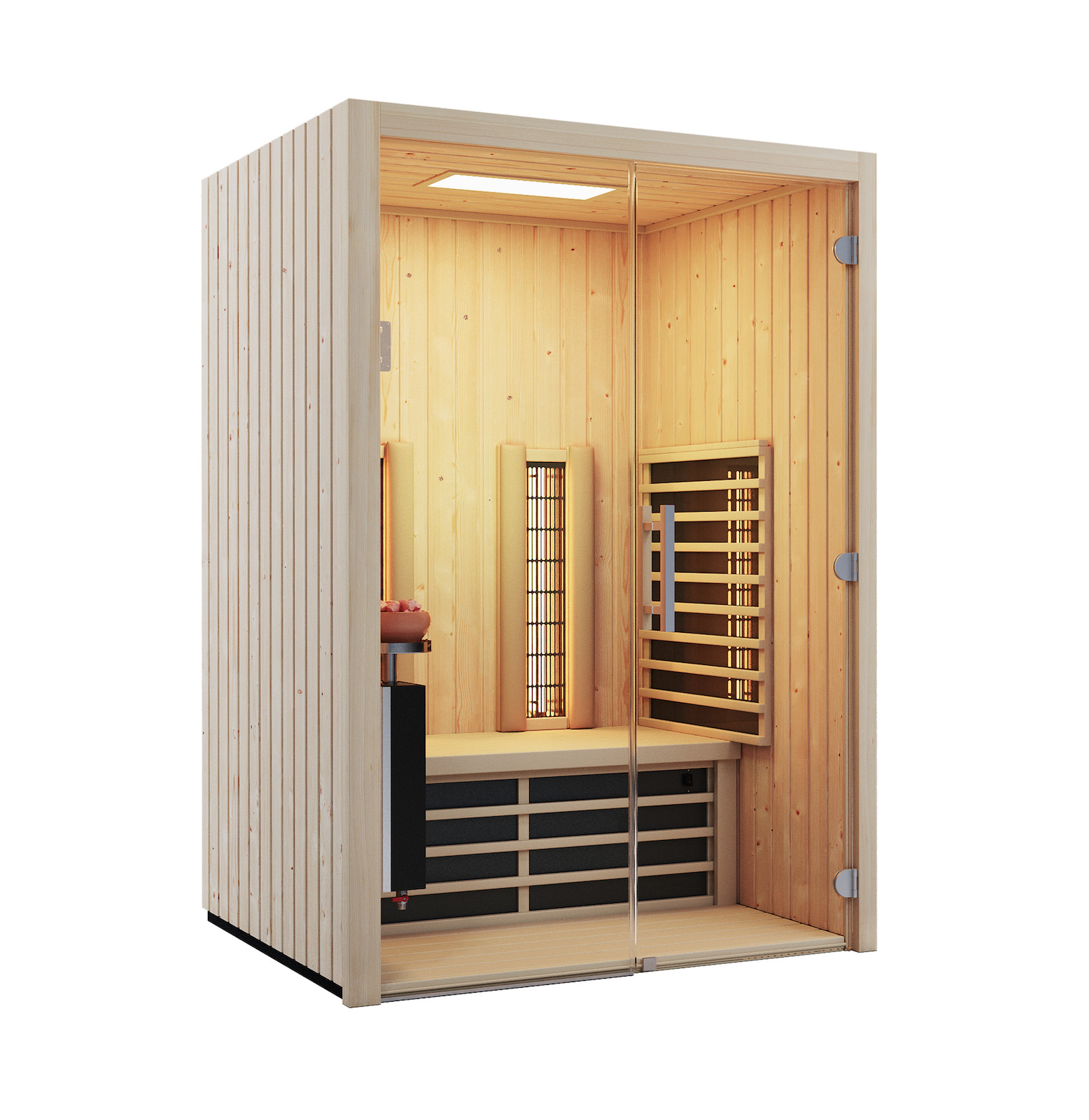 Infraworld TrioSol Glas 145 Fichte RG Infrarotkabine 145x112 cm mit 2 ABC-Strahler Salzverdampfer