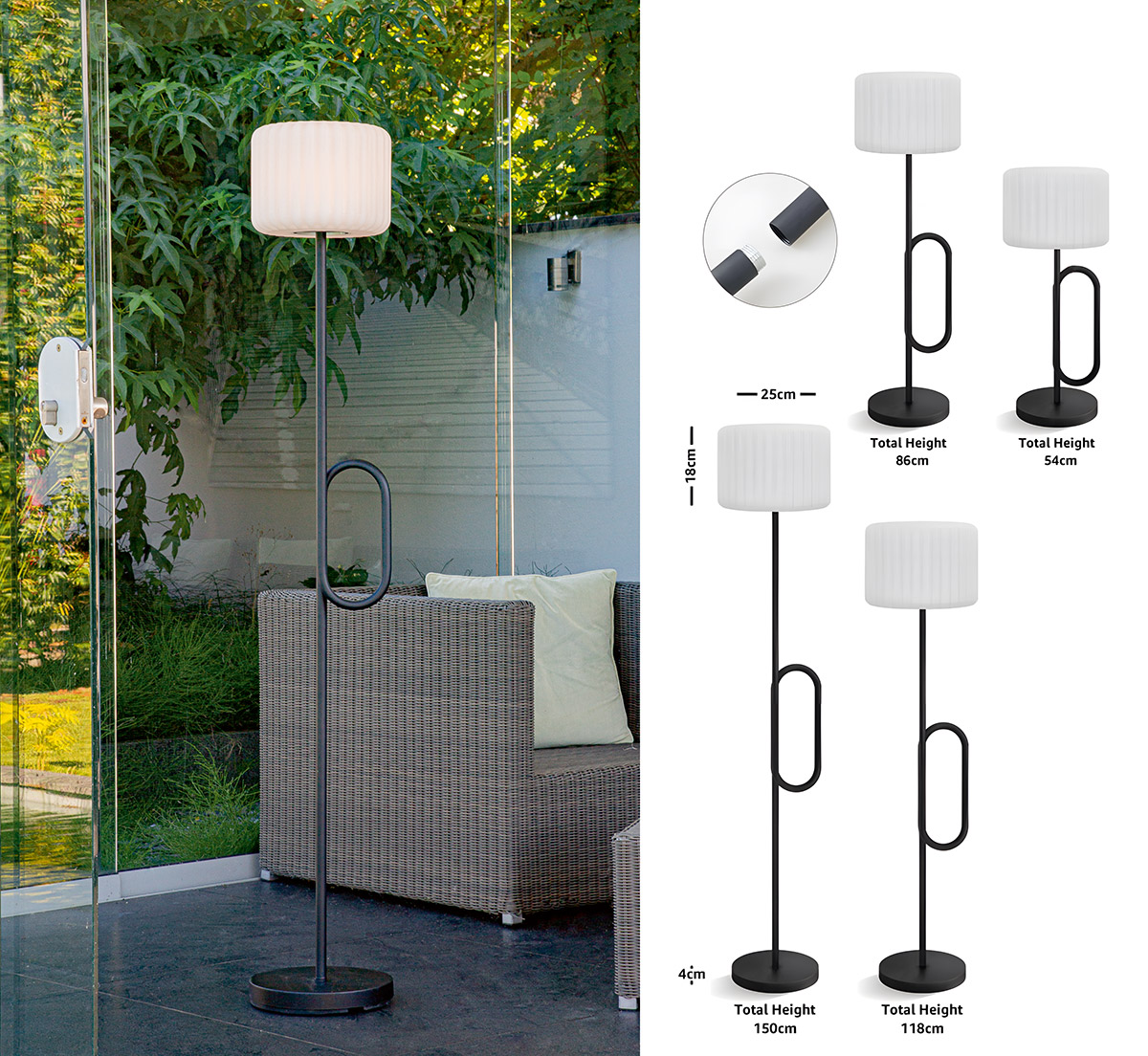 GILDE Stehleuchte (Solar), "Solaire", Metall, schwarz, VE 1, L. 25 cm, B. 25 cm, H. 150 cm Runder PE-Kunststoff-Lampenschirm mit Metallschale+Stangen und Sockel, IP44 4xRGB+9x3000K warmweiße Leds 1 x3.7V 2600 mAh Lithium-Batterie 1x1.5W außen Solarpanel