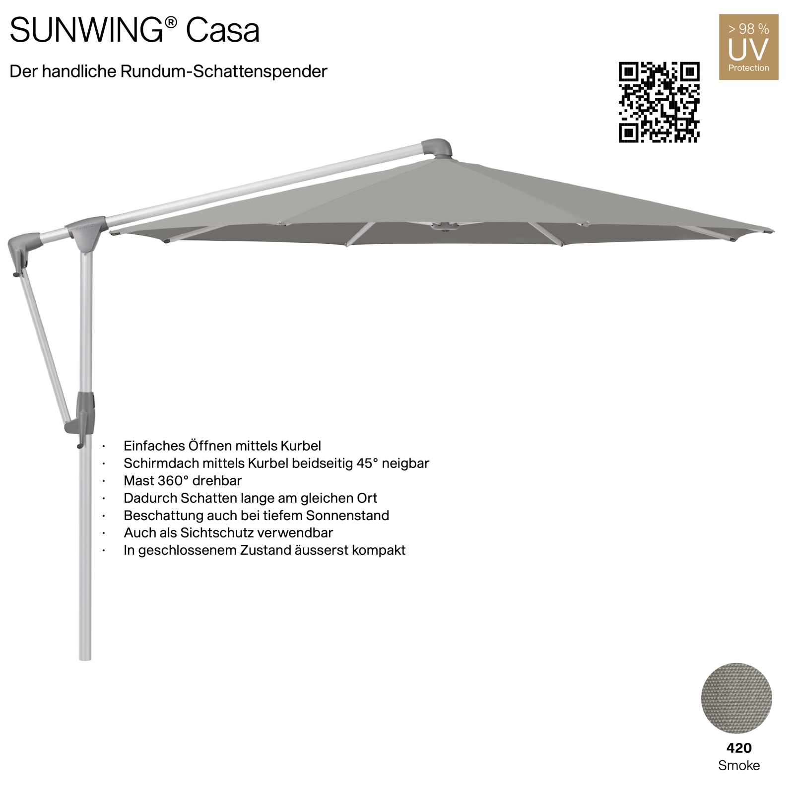 GLATZ Sonnenschirm SUNWING® CASA rund ø 330 cm Gestell natureloxiert Farbe 420 Smoke Ampelschirm