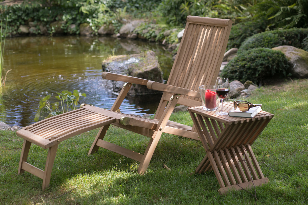 deVries WOODIE Deckchair  Liegestuhl aus Teakholz inkl. Polster grau 60x170x93cm
