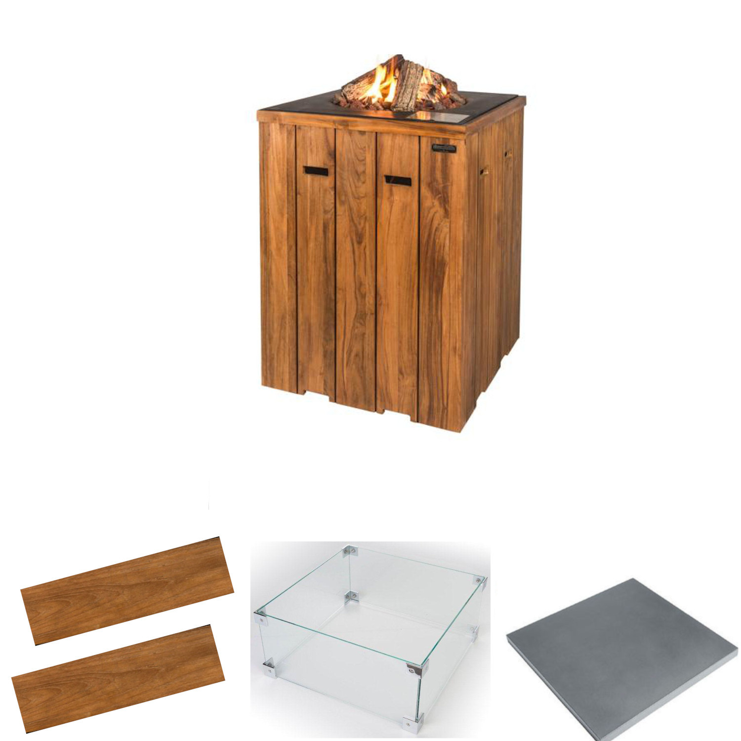 Happy Cocooning Mania Feuertisch Komplettset Stehtisch 19,5 kW quadratisch 76x76x100 cm Teakholz/grau