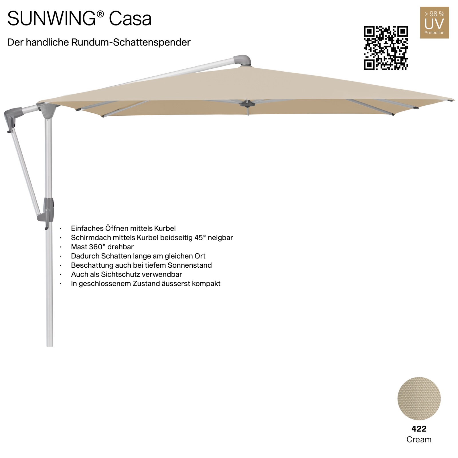 GLATZ Sonnenschirm SUNWING® CASA quadratisch 270 x 270 cm Gestell natureloxiert Farbe 422 Cream Ampelschirm
