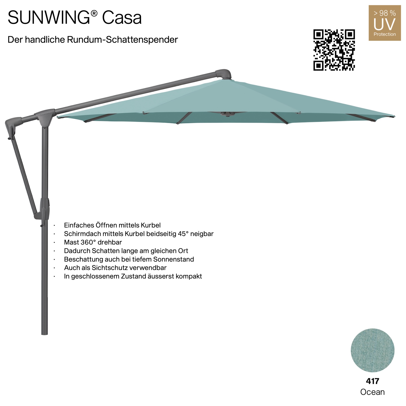 GLATZ Sonnenschirm SUNWING® CASA rund ø 330 cm Gestell anthrazit Farbe 417 Ocean Ampelschirm