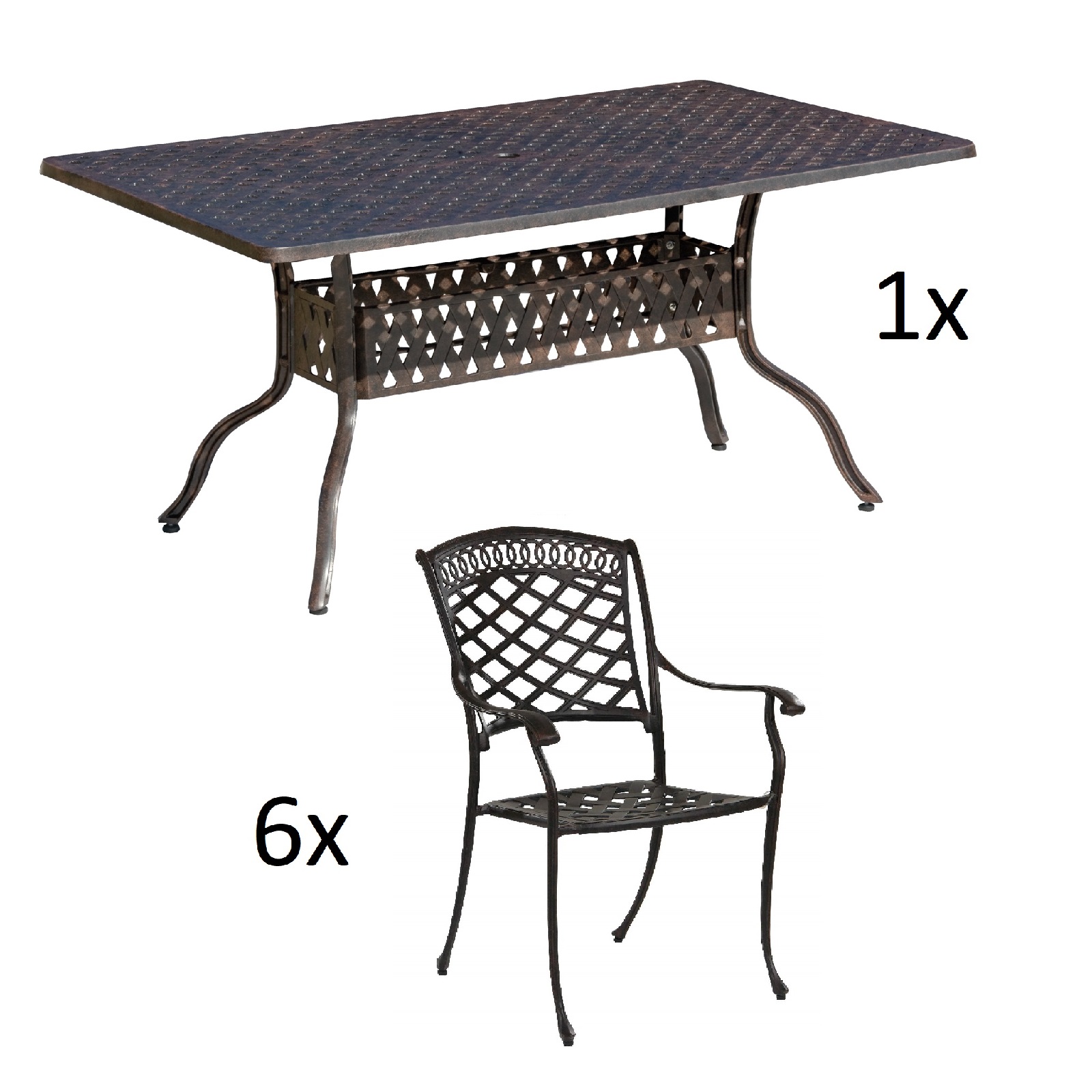 Inko 7-teilige Sitzgruppe Alu-Guss bronze Tisch 120x80x74 cm cm mit 6 Sesseln