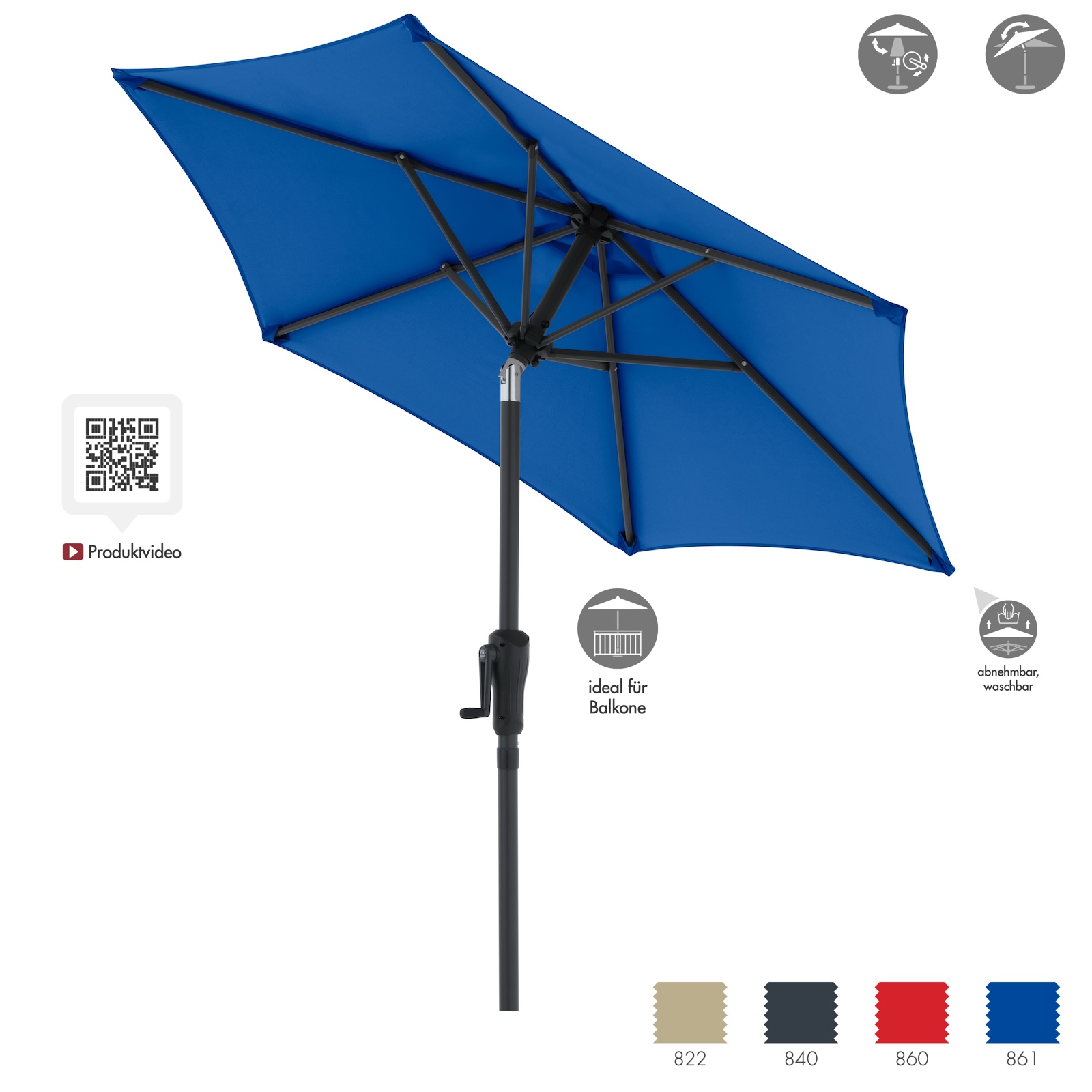 Doppler LIFE Lift ø 180 cm rund Mittelmastschirm Sonnenschirm in 4 Farben