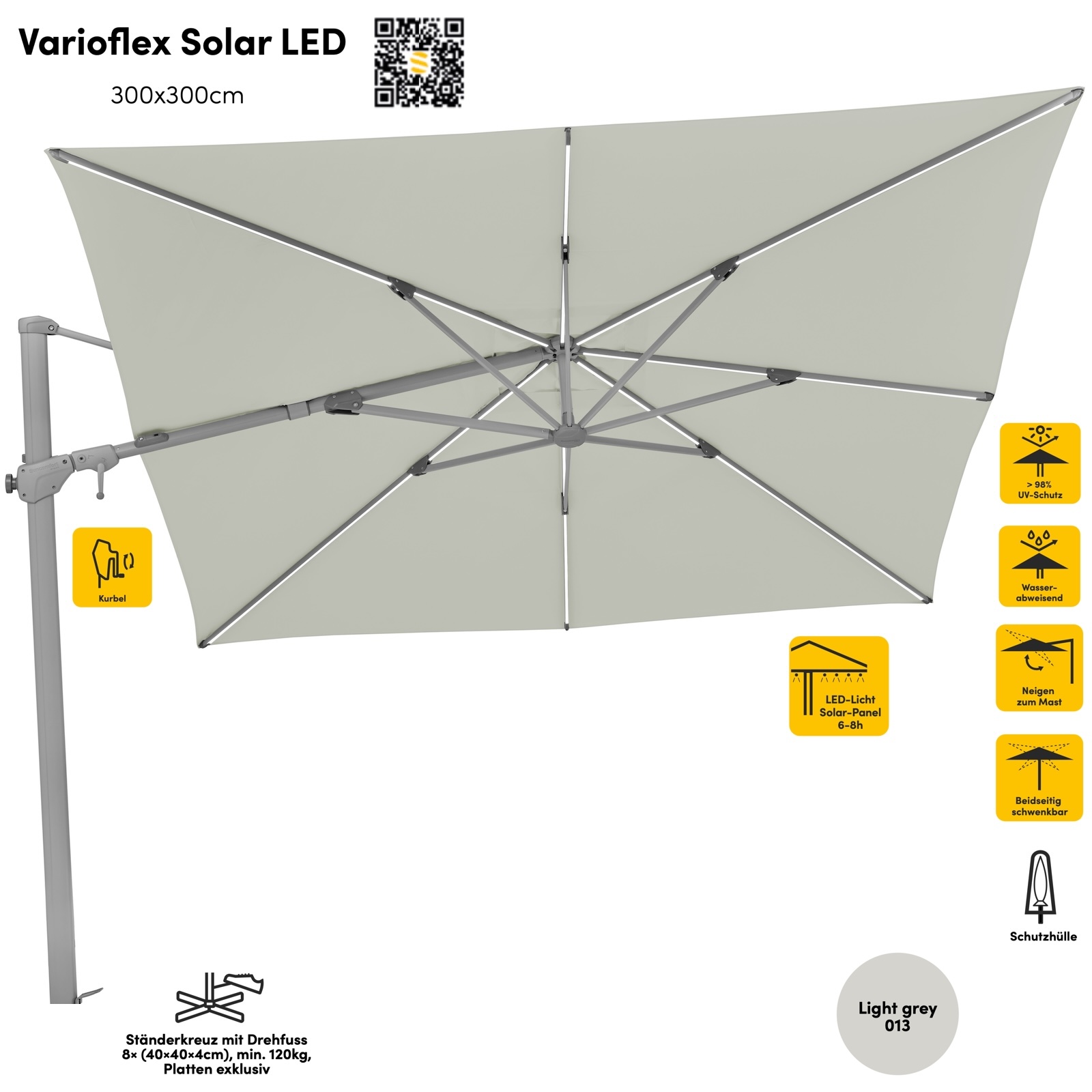 Sonnenschirm SUNCOMFORT® by Glatz Varioflex Solar LED 300 x 300 cm Farbe Light Grey 013