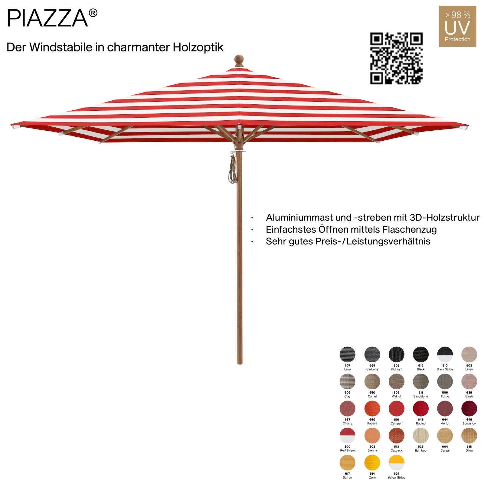 GLATZ Sonnenschirm PIAZZA quadratisch 250 x 250 cm Mittelmastschirm 100 % Polyacryl 27 Farbvarianten