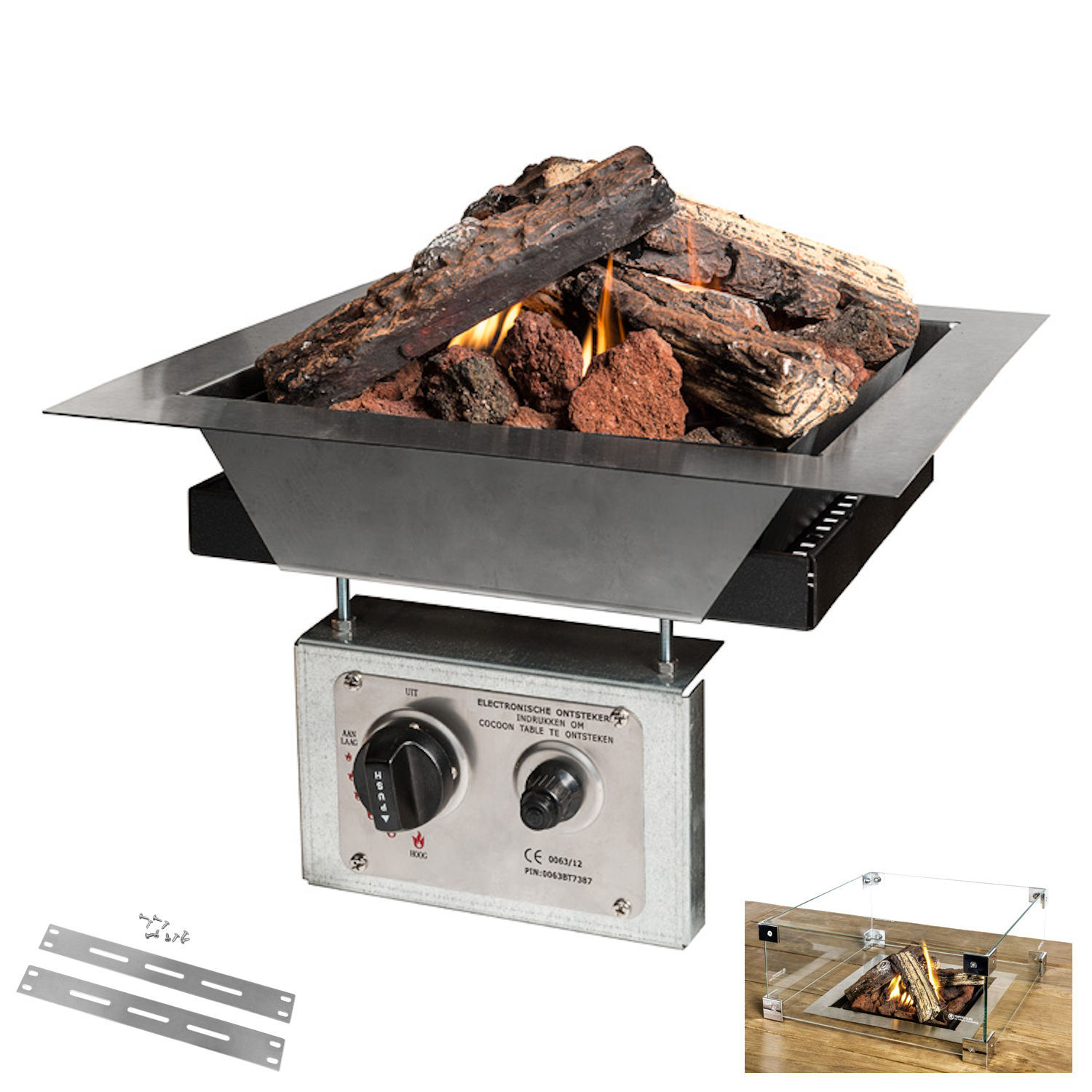 Happy Cocooning Mania Einbau-Feuerstelle Komplettset 6,5 kW quadratisch 39x39x23 cm Einbaumodell Feuertisch