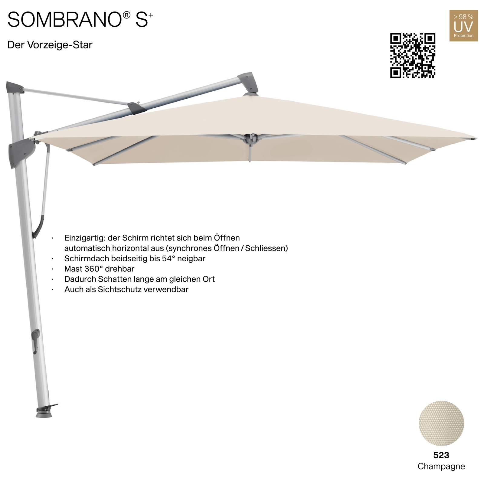 GLATZ Ampelschirm SOMBRANO® S+ quadratisch 300 x 300 cm Freiarmschirm Farbe 523 Champagne