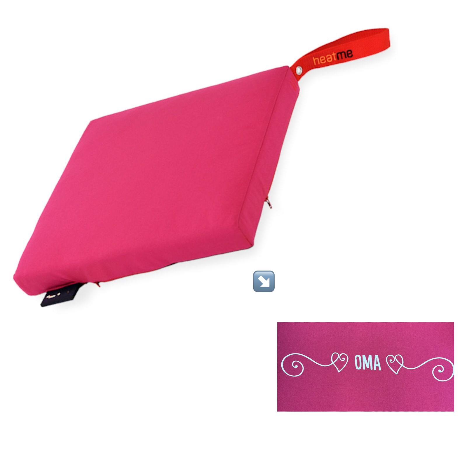 Moonich Heatme Akku-Heizkissen 40x40x4,5 cm kabellos pink mit Aufdruck OMA Wärme-Sitzkissen