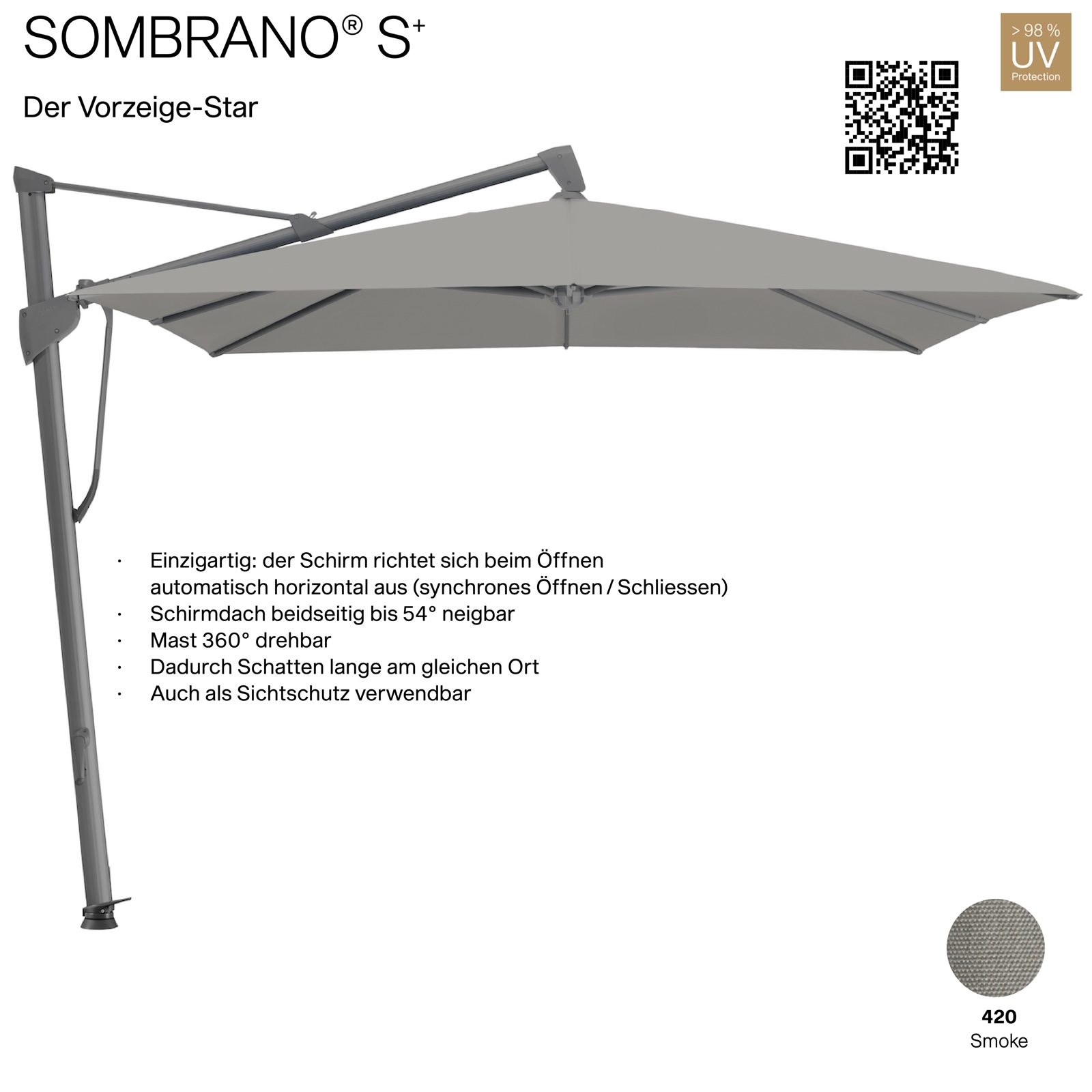 GLATZ Ampelschirm SOMBRANO® S+ quadratisch 300 x 300 cm Freiarmschirm Farbe 420 Smoke