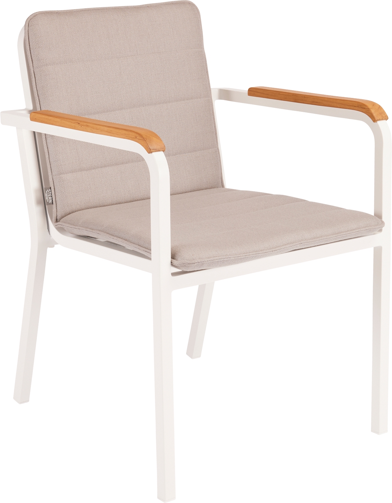 Stern Stapelsessel Pepe Gestell Aluminium weiß, Teakarmlehnen, Auflage 100% Polyacryl cream