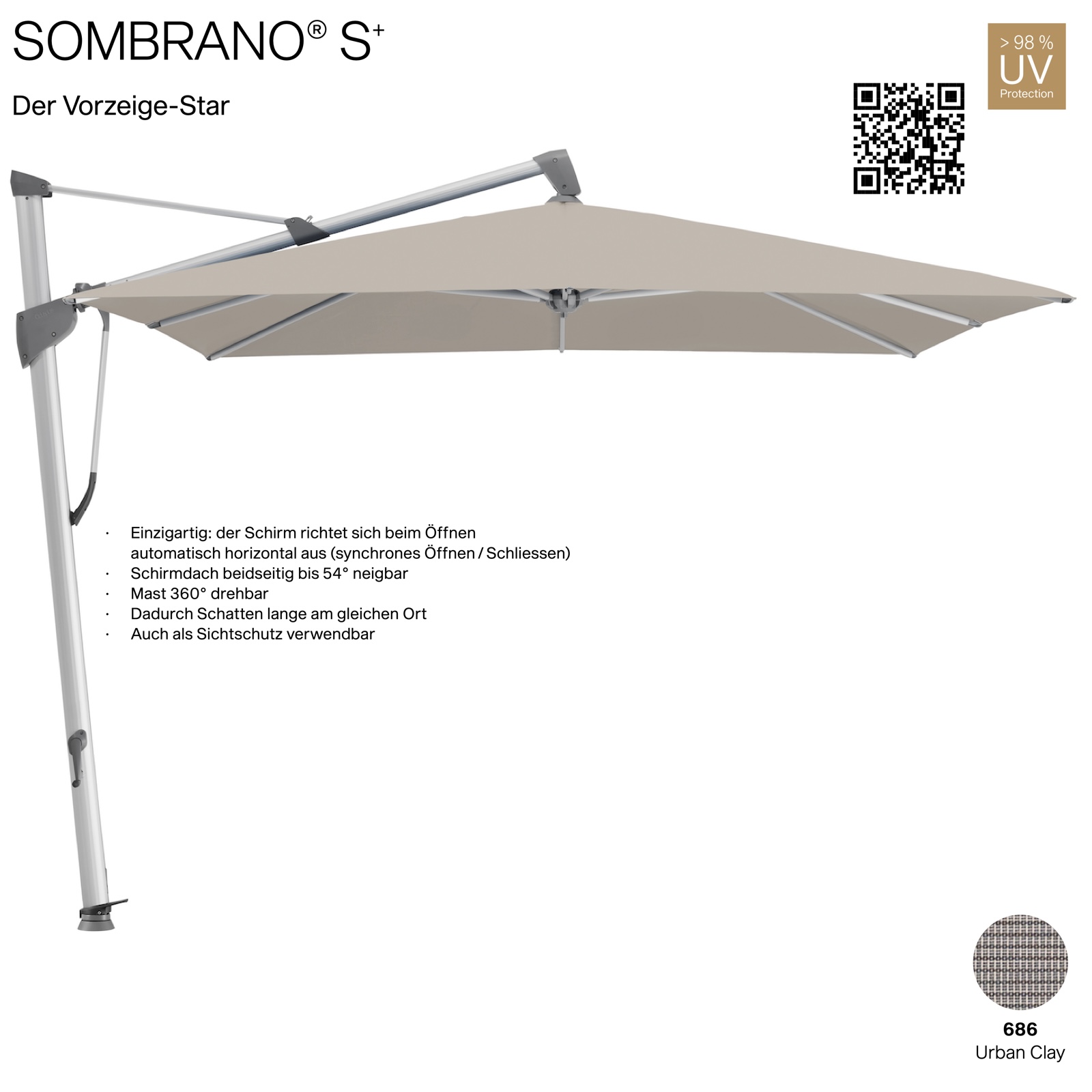 GLATZ Ampelschirm SOMBRANO® S+ quadratisch 300 x 300 cm Freiarmschirm Farbe 686 Urban Clay