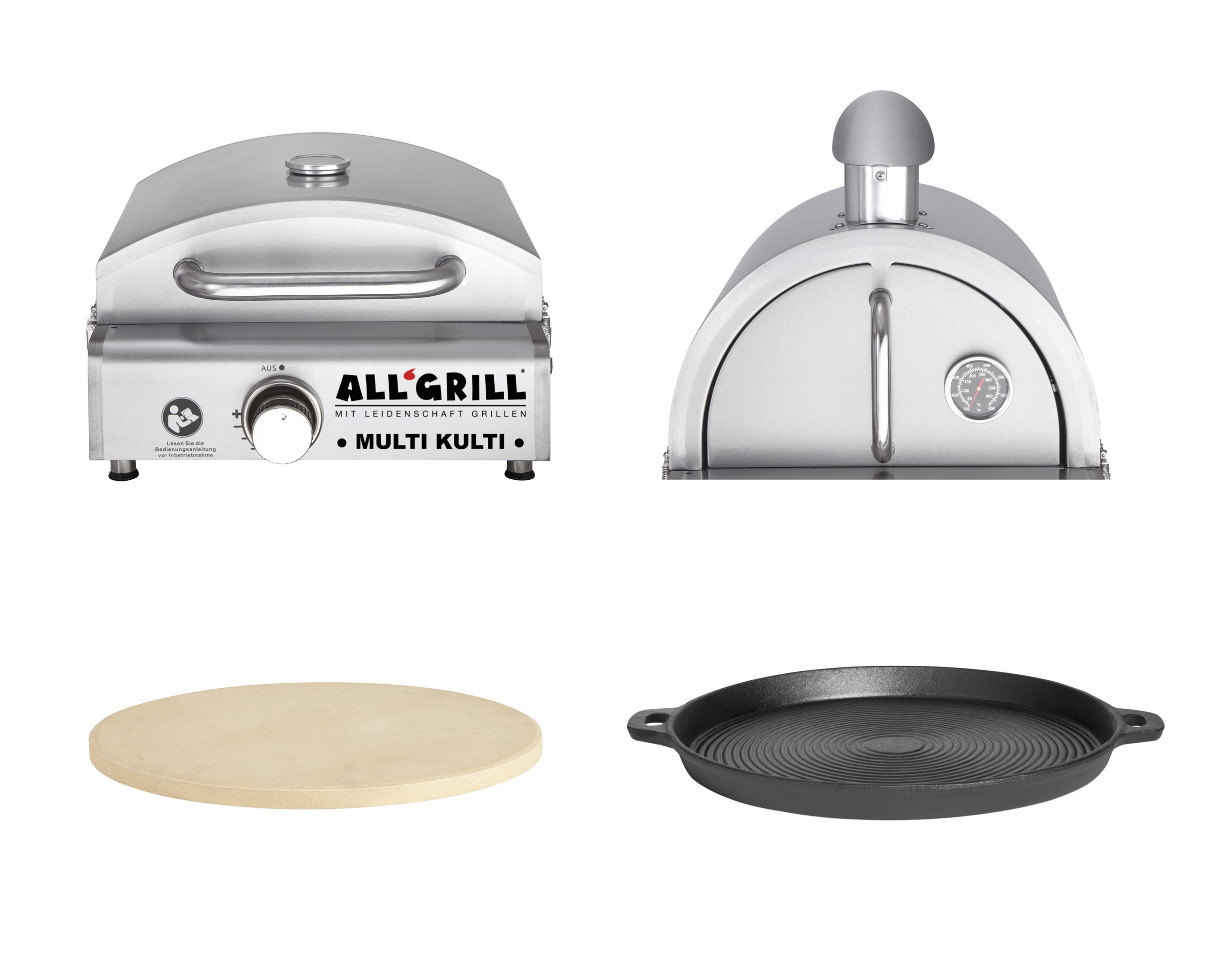 Allgrill MULTI-KULTI Set 4 zündgesichert - Gasgrill + Pizzahaube + Pizzastein + Gusspfanne