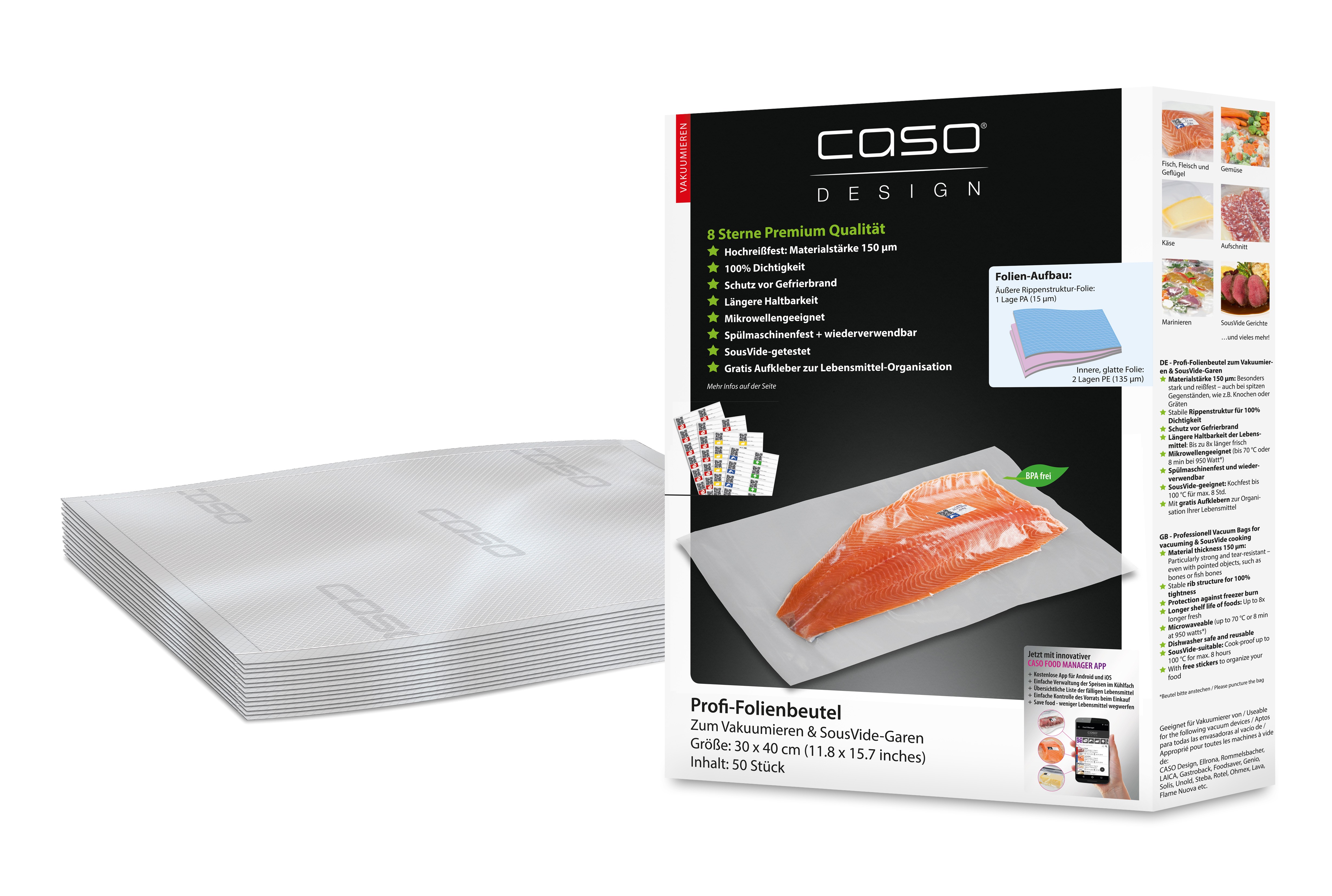 Caso Design Profi-Folienbeutel 30 x 40 cm 50 Stück für Vakuumiersysteme und Sous Vide