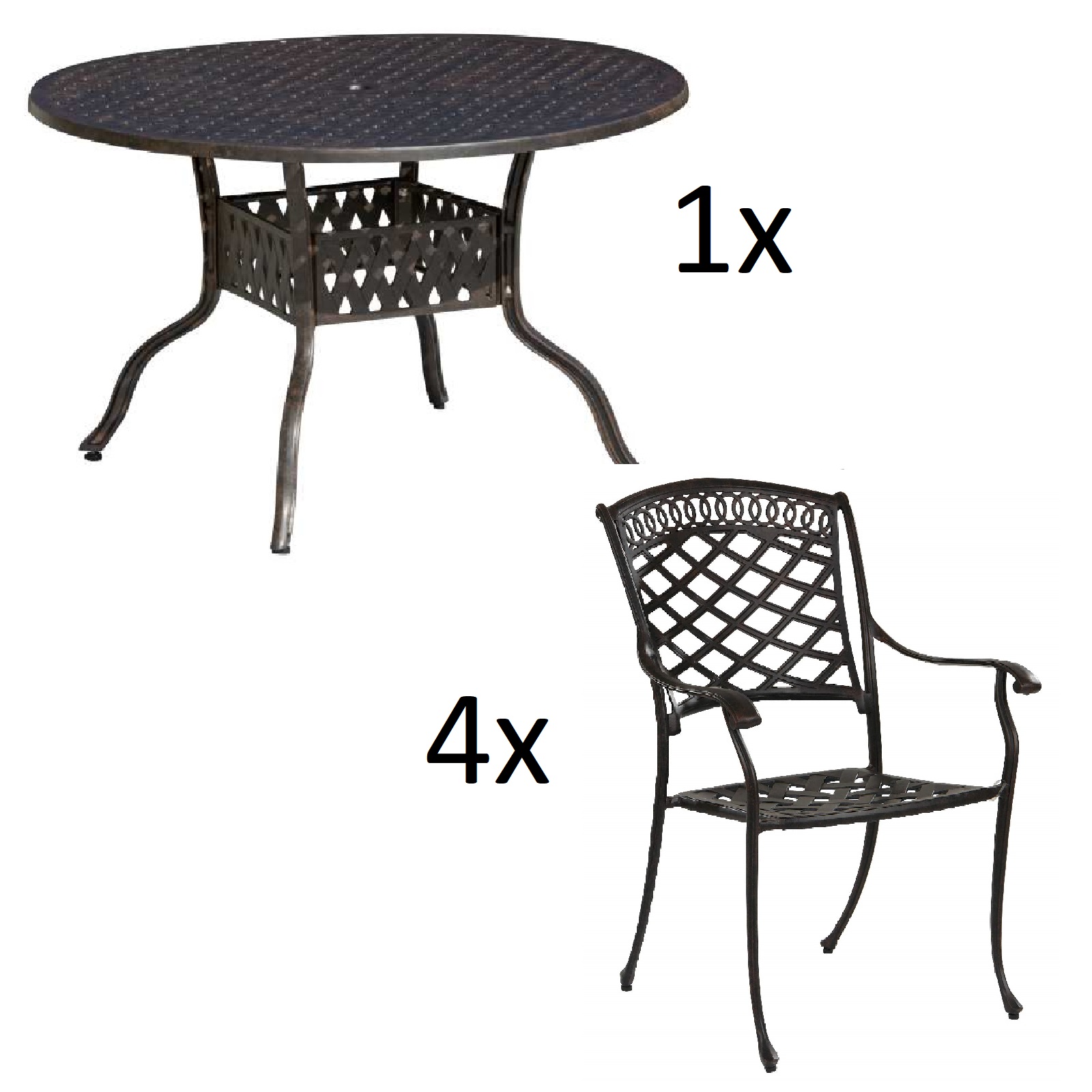 Inko 5-teilige Sitzgruppe Aluminium Guss bronze Tisch Ø 120 cm mit 4 Sesseln